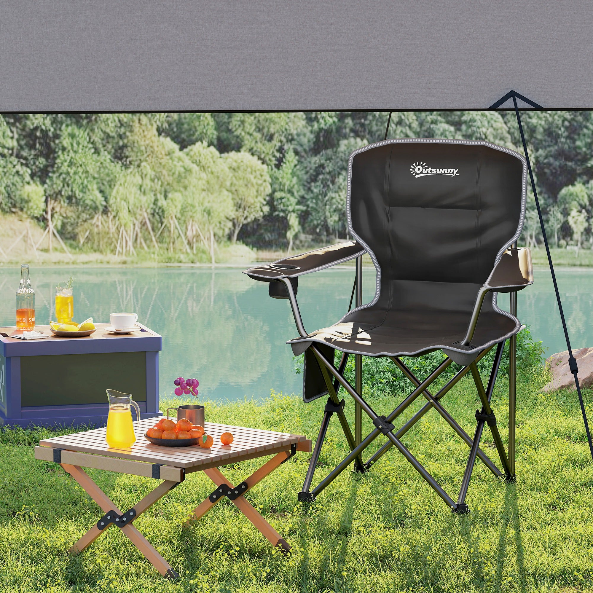 Folding Camping Chair, Portable Fishing Chair, Padded Seat, Cup Holders, Side Pockets, and Carry Bag, Foldable Chair for Hiking, Fishing, Beach, and Picnic, Black