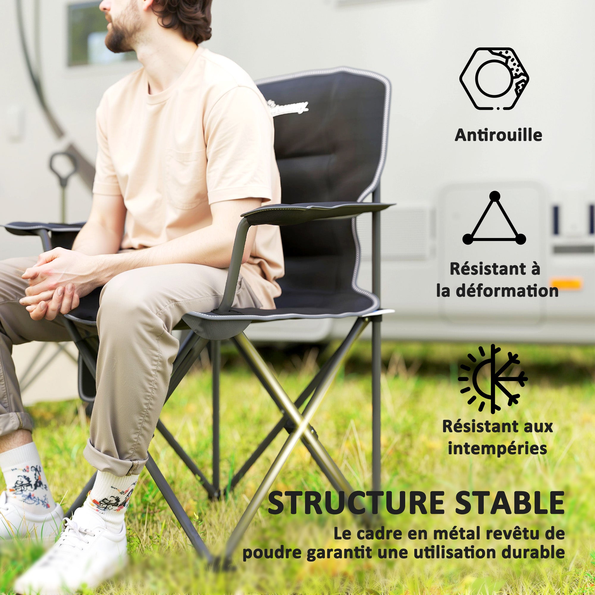 Folding Camping Chair, Portable Fishing Chair, Padded Seat, Cup Holders, Side Pockets, and Carry Bag, Foldable Chair for Hiking, Fishing, Beach, and Picnic, Black