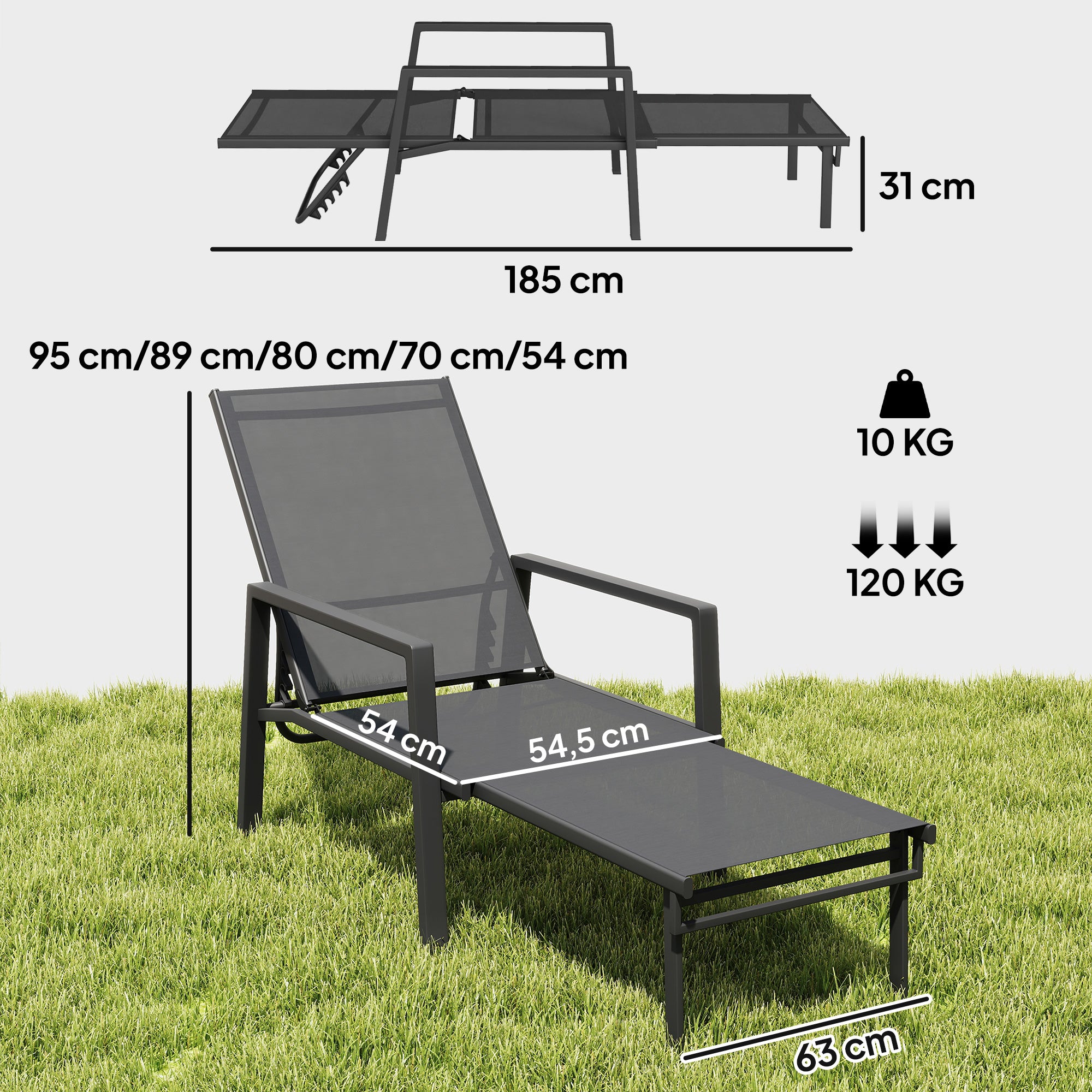 Folding Portable Sun Lounger with Telescopic Footrest — 5-Position Adjustable Backrest, Breathable Mesh (Black)