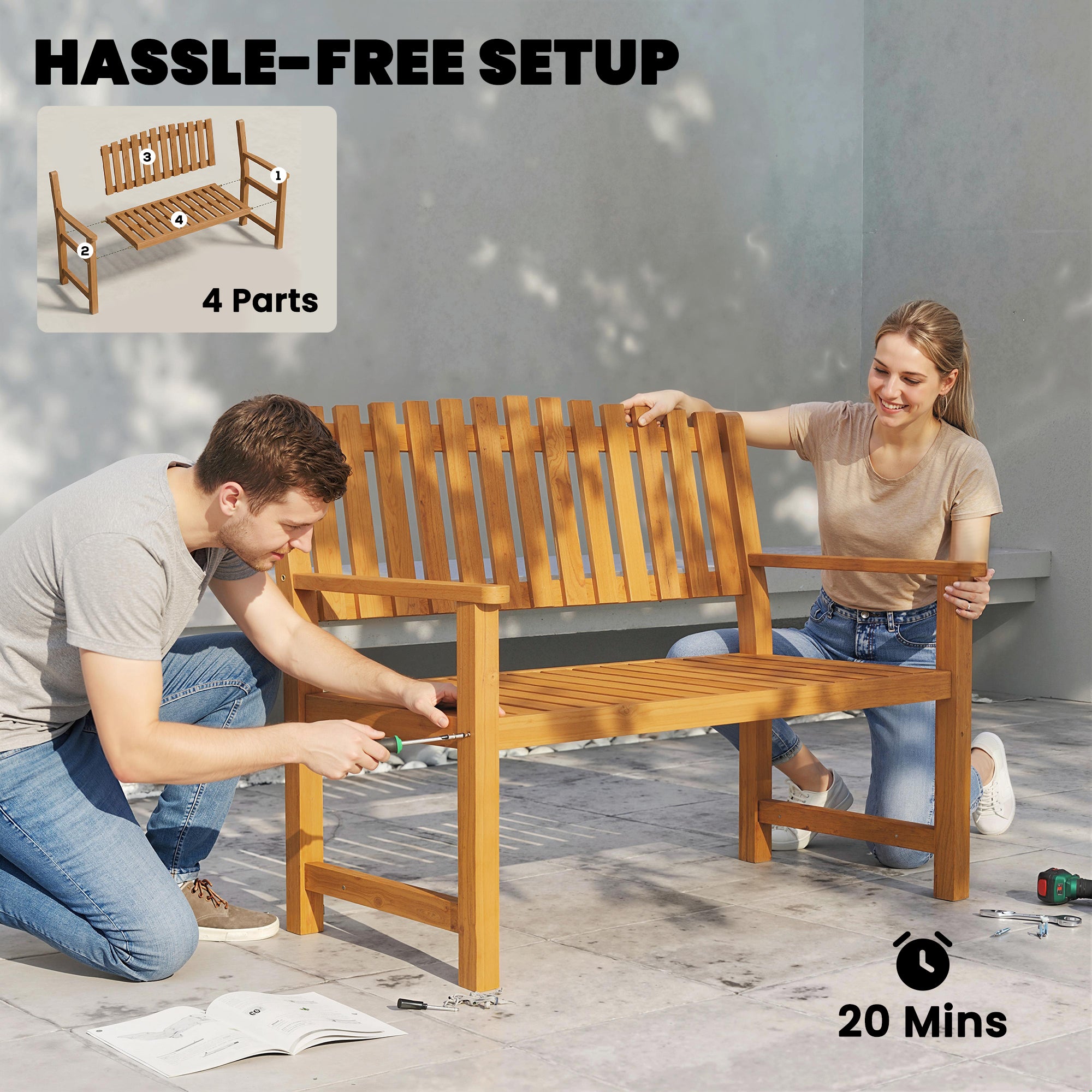 2-Seater Garden Bench | FSC Acacia Wood Slatted Seat with Armrests | Supports up to 320 kg (≈705 lb) | 112 x 64 x 92 cm (44.1 x 25.2 x 36.2 in) | Natural