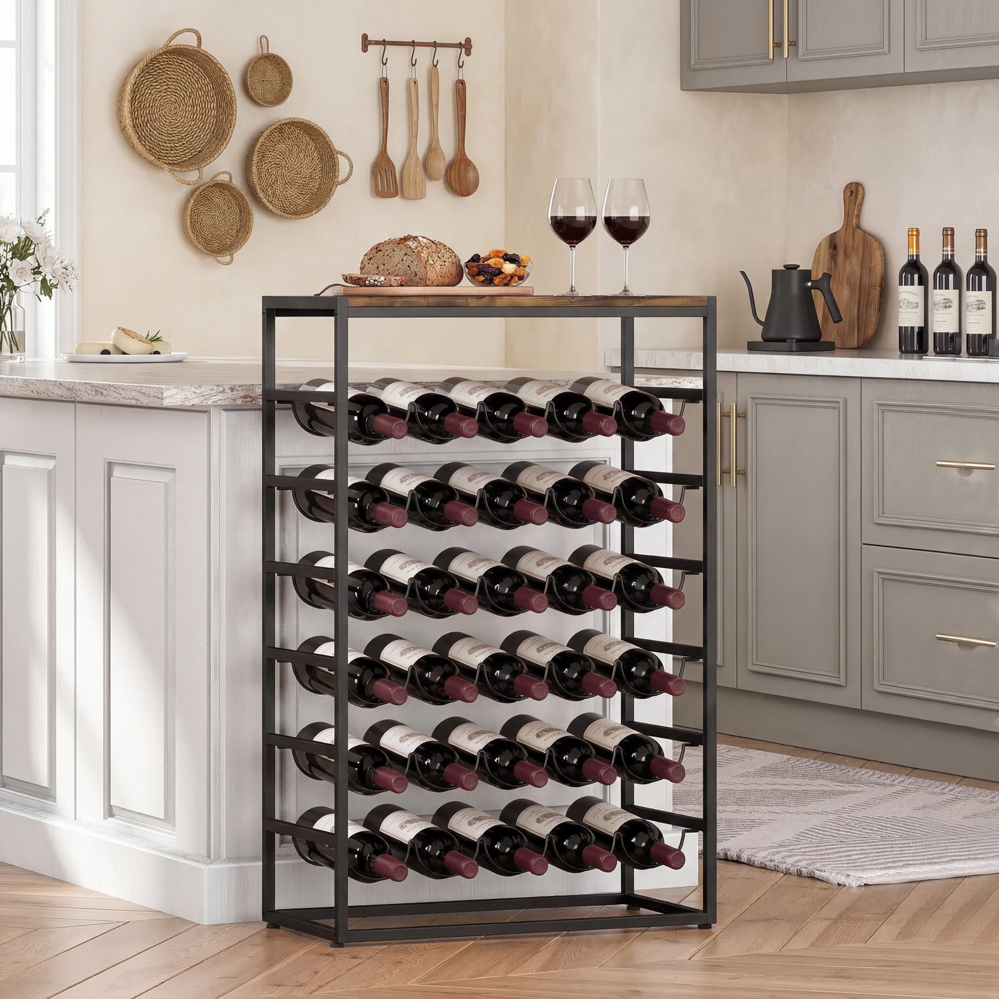 30-Bottle Wine Rack, 6-Tier Wood-Effect Top, Industrial Metal Shelf for Cellar, Bar, Basement — 23.2 x 11.8 x 34.8 in (59 x 30 x 88.5 cm), Rustic Brown
