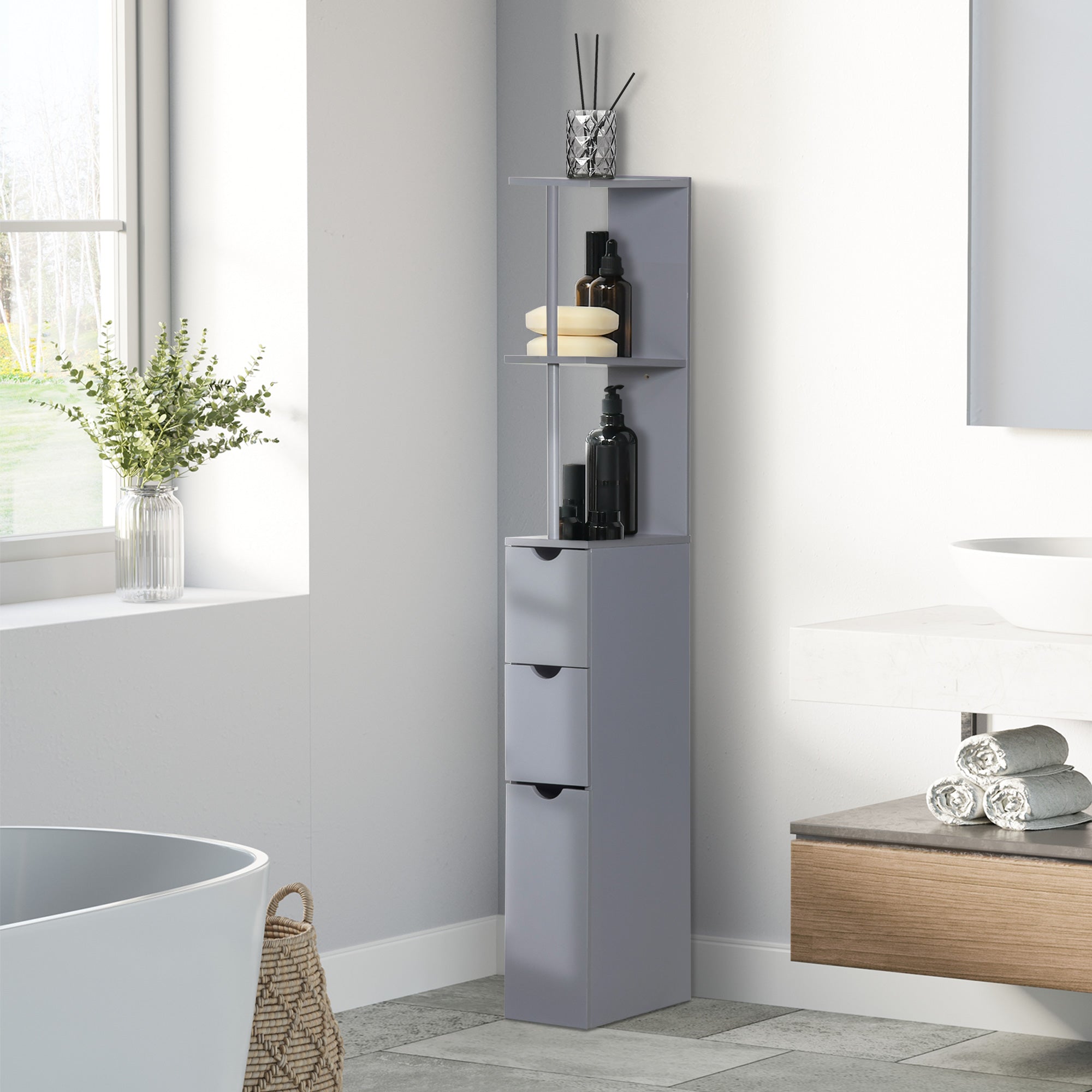 Modern Bathroom Auxiliary Column Bathroom Cabinet with 2 Shelves, 2 Drawers, and 1 Anti-Tip Door 15x33x136.5 cm Gray