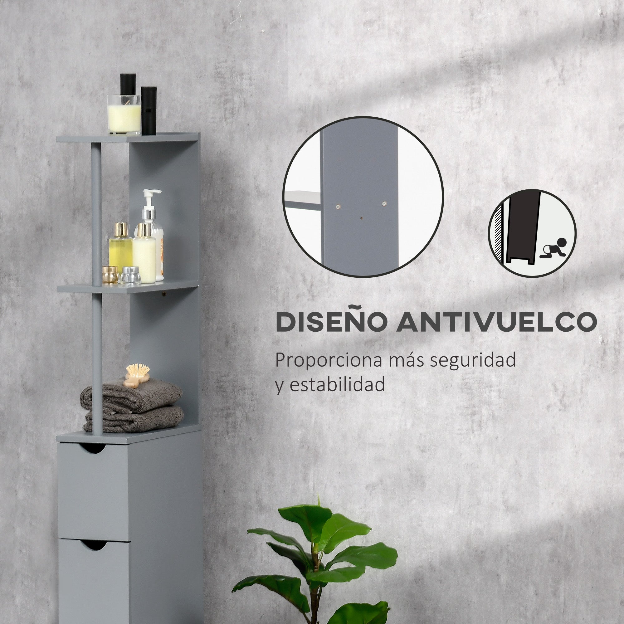 Modern Bathroom Auxiliary Column Bathroom Cabinet with 2 Shelves, 2 Drawers, and 1 Anti-Tip Door 15x33x136.5 cm Gray