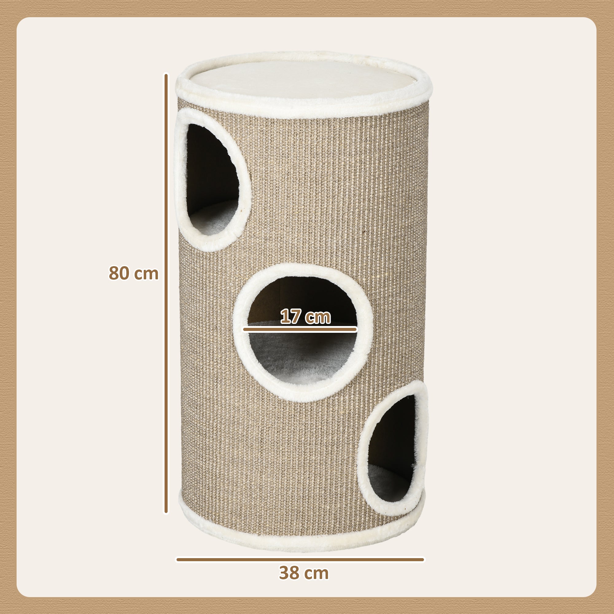 Scratching Barrel 70 cm High Ø 38 cm Three-Story Cat Barrel with Plush Edge, Cat Cave, Scratching Post for Small Cats, Brown