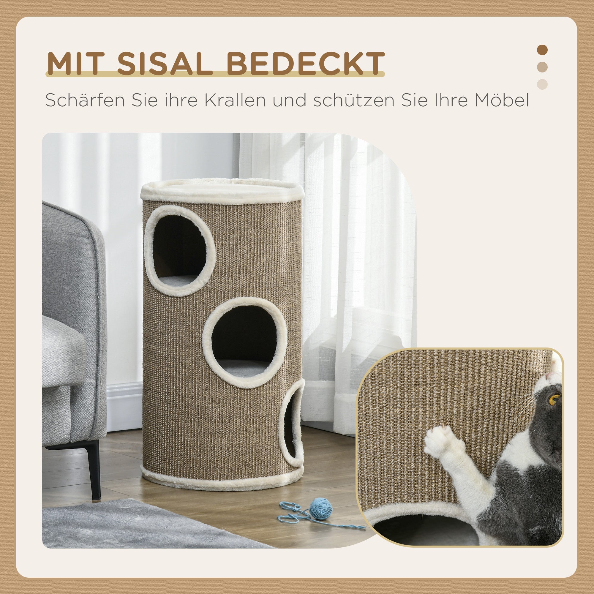 Scratching Barrel 70 cm High Ø 38 cm Three-Story Cat Barrel with Plush Edge, Cat Cave, Scratching Post for Small Cats, Brown