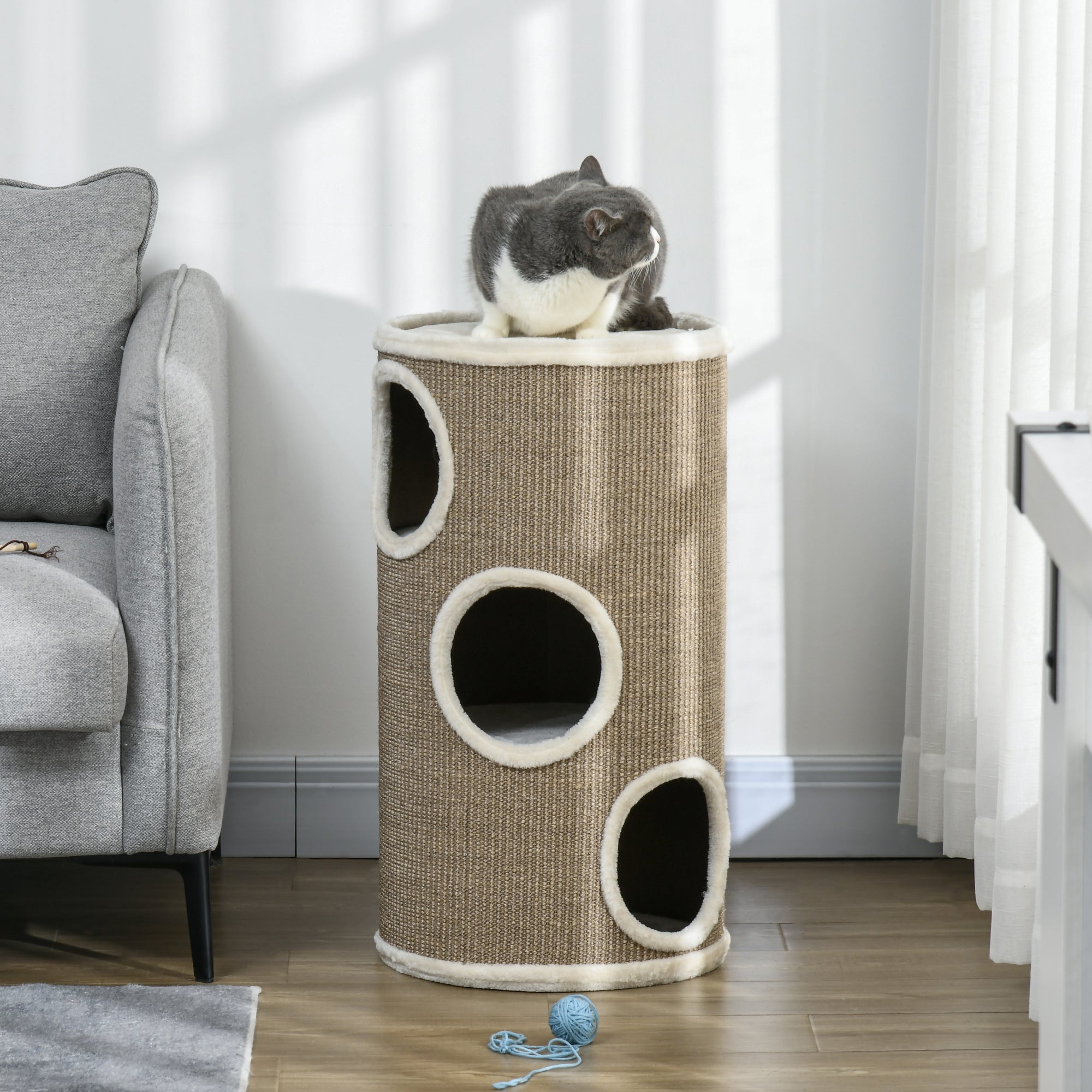 Scratching Barrel 70 cm High Ø 38 cm Three-Story Cat Barrel with Plush Edge, Cat Cave, Scratching Post for Small Cats, Brown