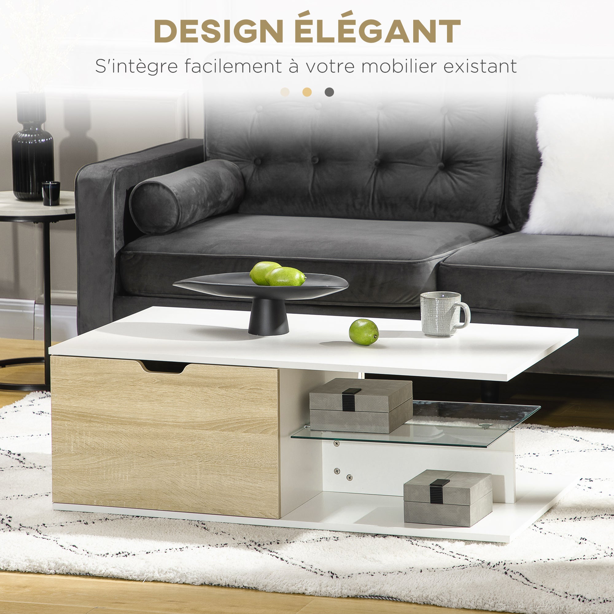 Contemporary Design Rectangular Coffee Table with 2 Drawers, 2 Shelves, Tempered Glass Shelf, White Oak-Look Panels 106 x 58 x 39 cm White