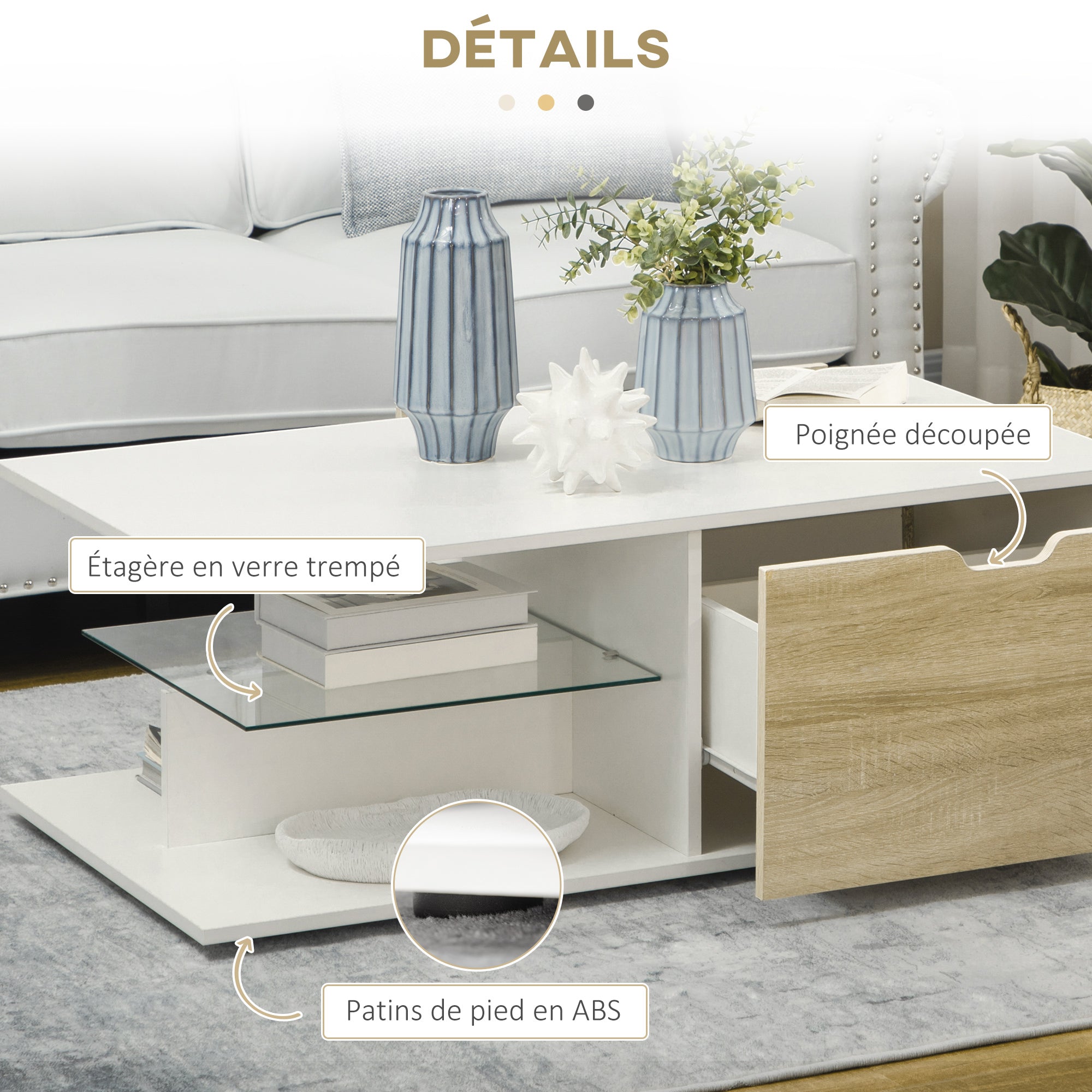 Contemporary Design Rectangular Coffee Table with 2 Drawers, 2 Shelves, Tempered Glass Shelf, White Oak-Look Panels 106 x 58 x 39 cm White