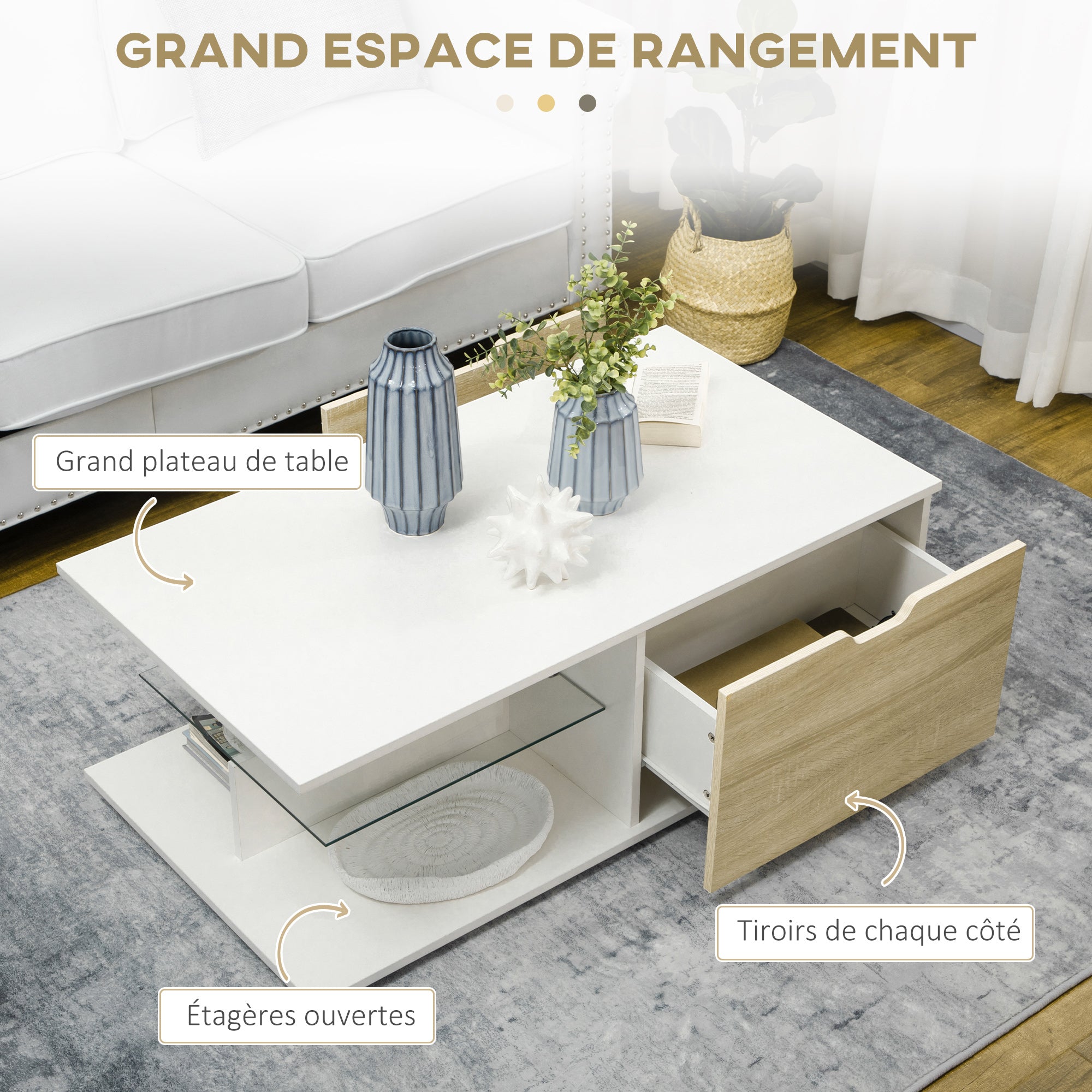 Contemporary Design Rectangular Coffee Table with 2 Drawers, 2 Shelves, Tempered Glass Shelf, White Oak-Look Panels 106 x 58 x 39 cm White