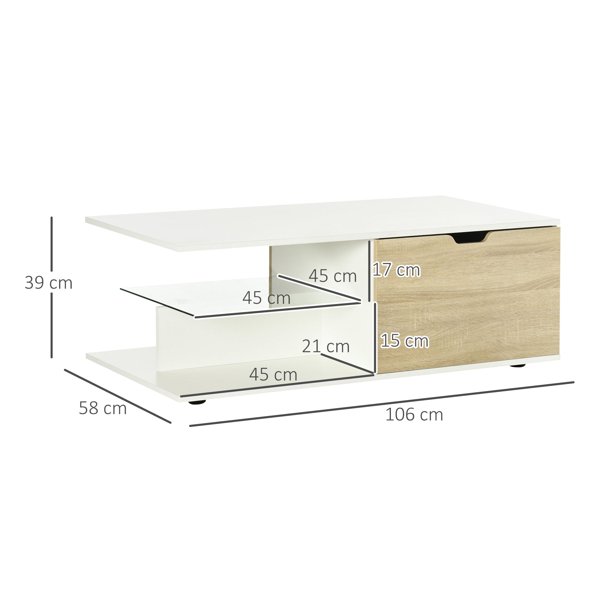 Contemporary Design Rectangular Coffee Table with 2 Drawers, 2 Shelves, Tempered Glass Shelf, White Oak-Look Panels 106 x 58 x 39 cm White