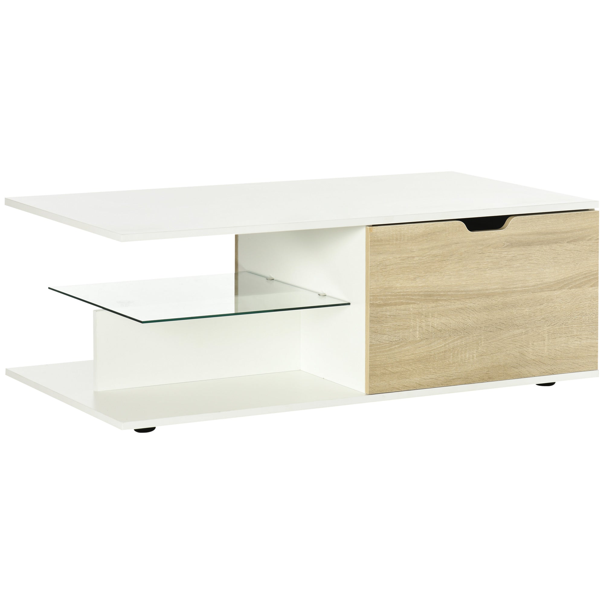 Contemporary Design Rectangular Coffee Table with 2 Drawers, 2 Shelves, Tempered Glass Shelf, White Oak-Look Panels 106 x 58 x 39 cm White