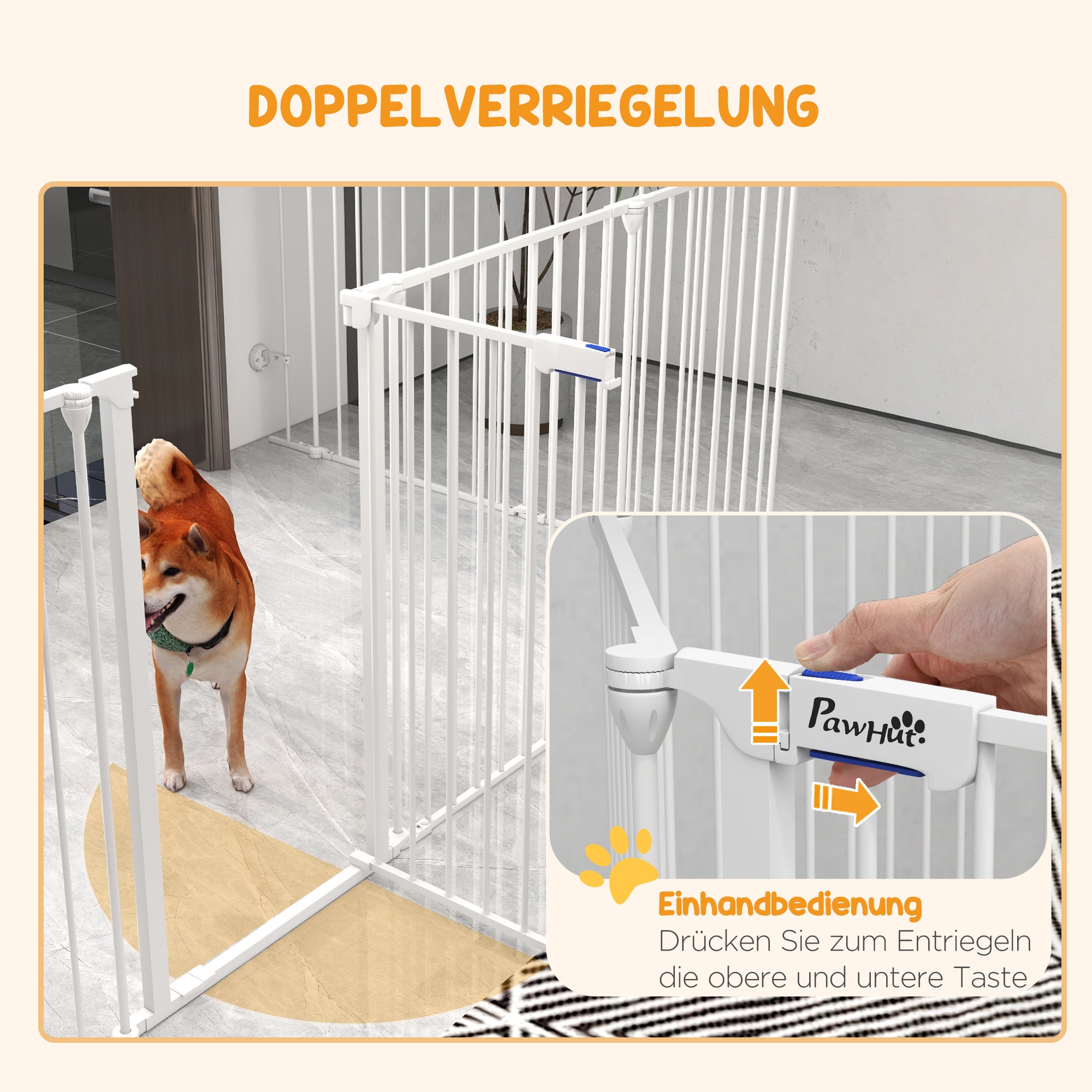 Foldable Puppy Playpen Pet Gate for Dogs, 90 cm High, Free-standing Enclosure with 8 Panels, Dog Safety Gate with Door, Flexible Fireplace Safety Gate for Dogs, Steel, White