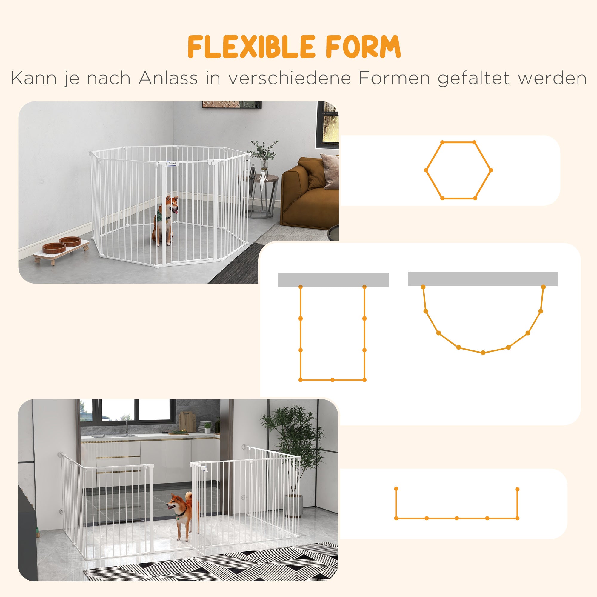 Foldable Puppy Playpen Pet Gate for Dogs, 90 cm High, Free-standing Enclosure with 8 Panels, Dog Safety Gate with Door, Flexible Fireplace Safety Gate for Dogs, Steel, White