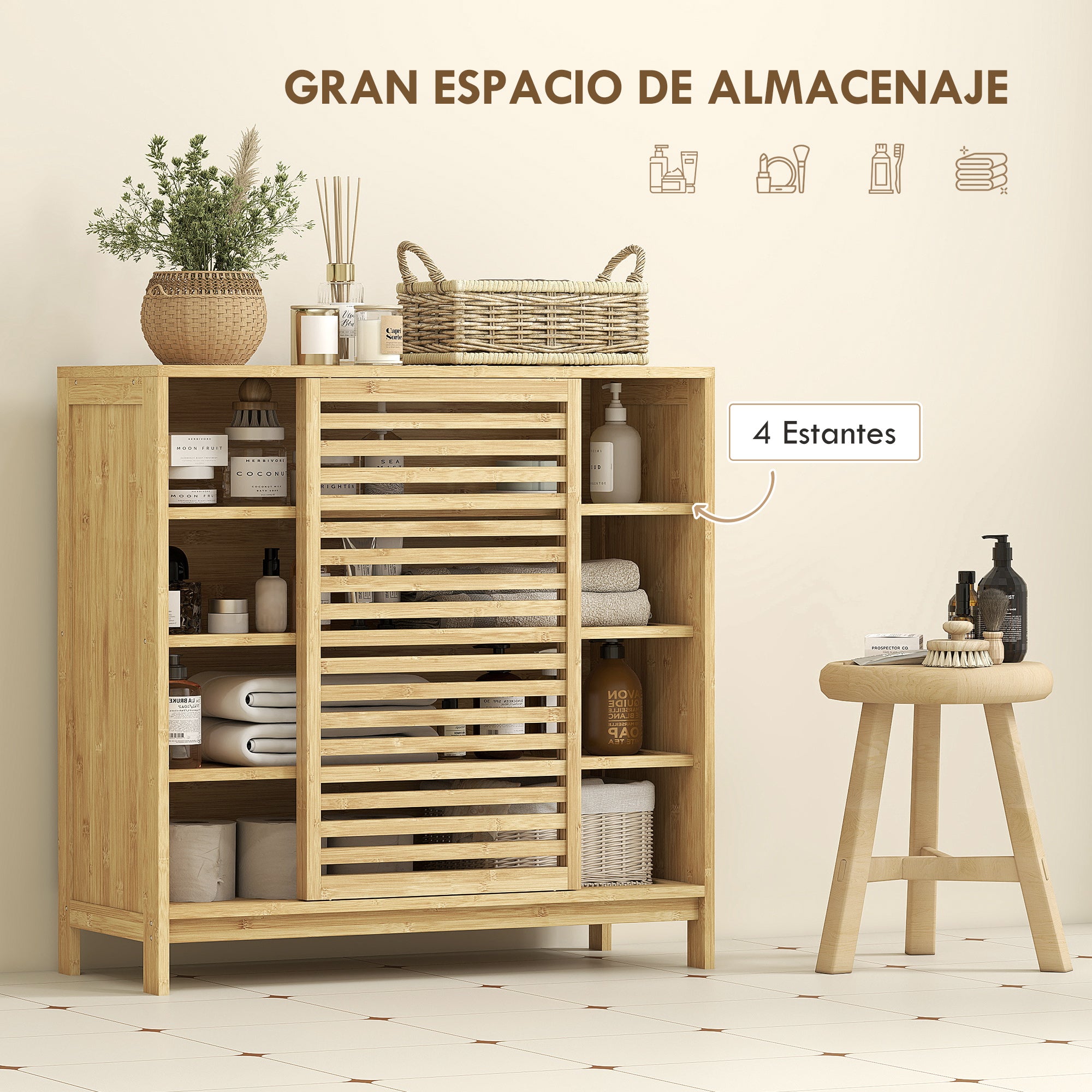 Bamboo Bathroom Cabinet Bathroom Furniture with 2 Sliding Doors Slat Design 4 Shelves Storage Cabinet for Kitchen Living Room 80x34x80 cm Natural
