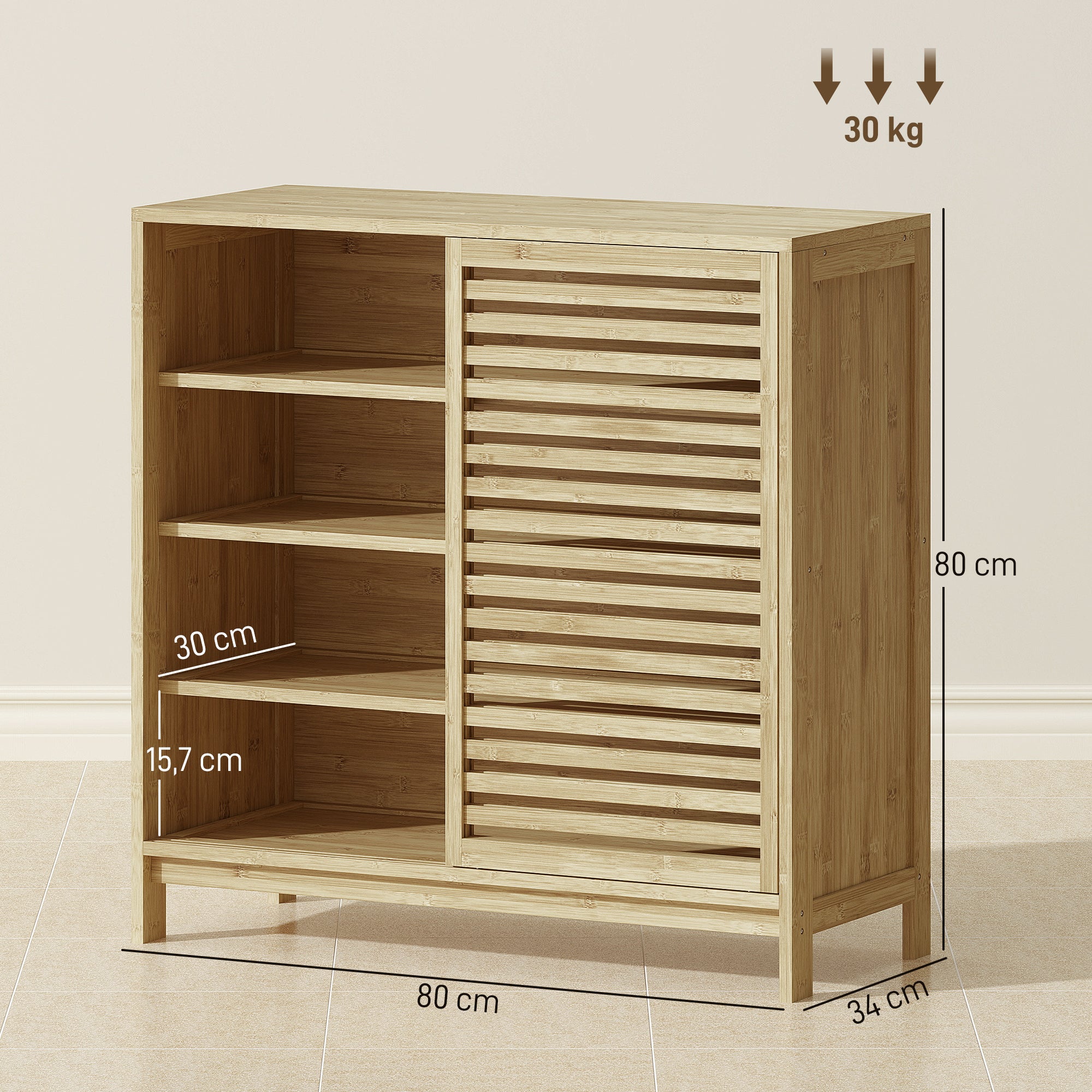 Bamboo Bathroom Cabinet Bathroom Furniture with 2 Sliding Doors Slat Design 4 Shelves Storage Cabinet for Kitchen Living Room 80x34x80 cm Natural
