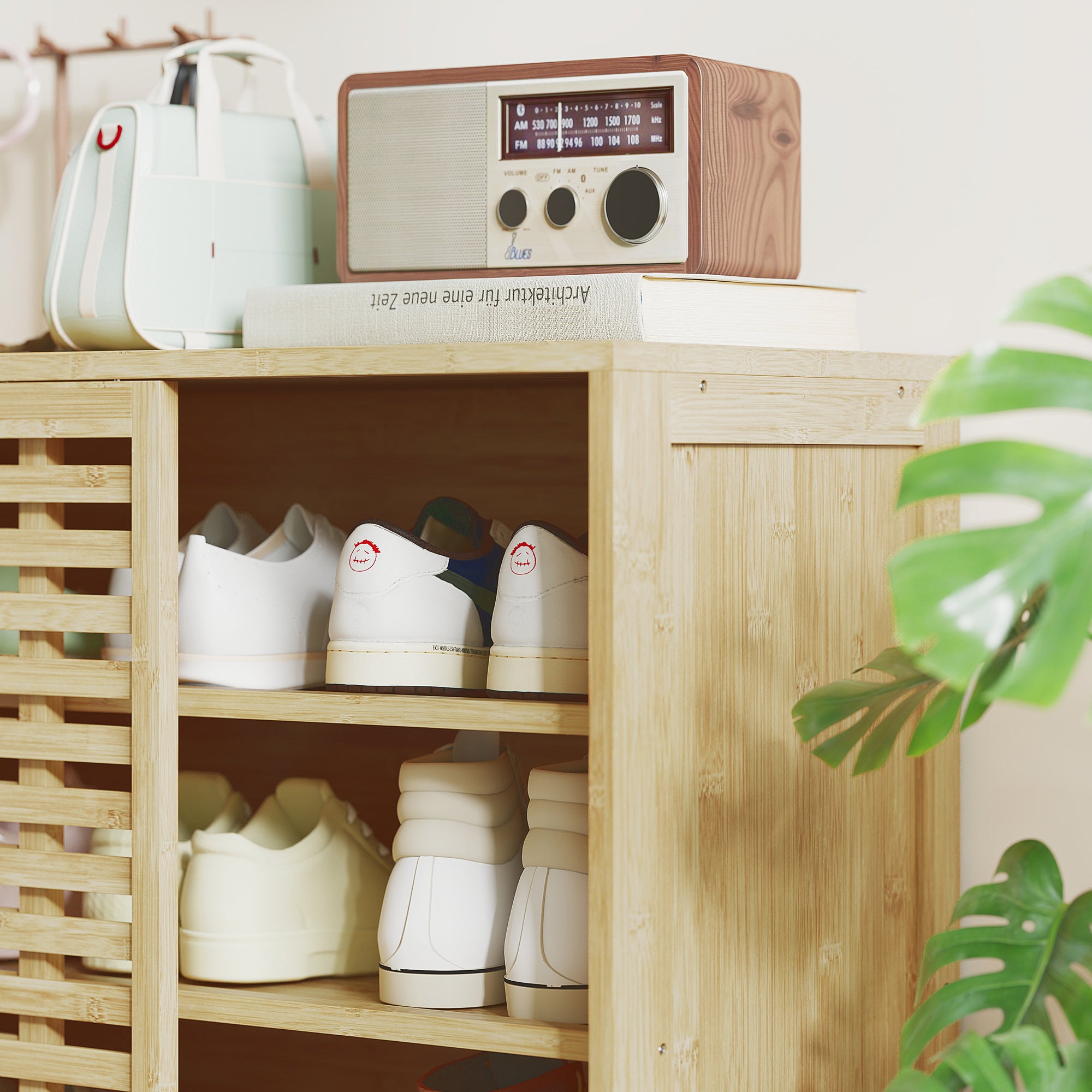 Bamboo Bathroom Cabinet Bathroom Furniture with 2 Sliding Doors Slat Design 4 Shelves Storage Cabinet for Kitchen Living Room 80x34x80 cm Natural