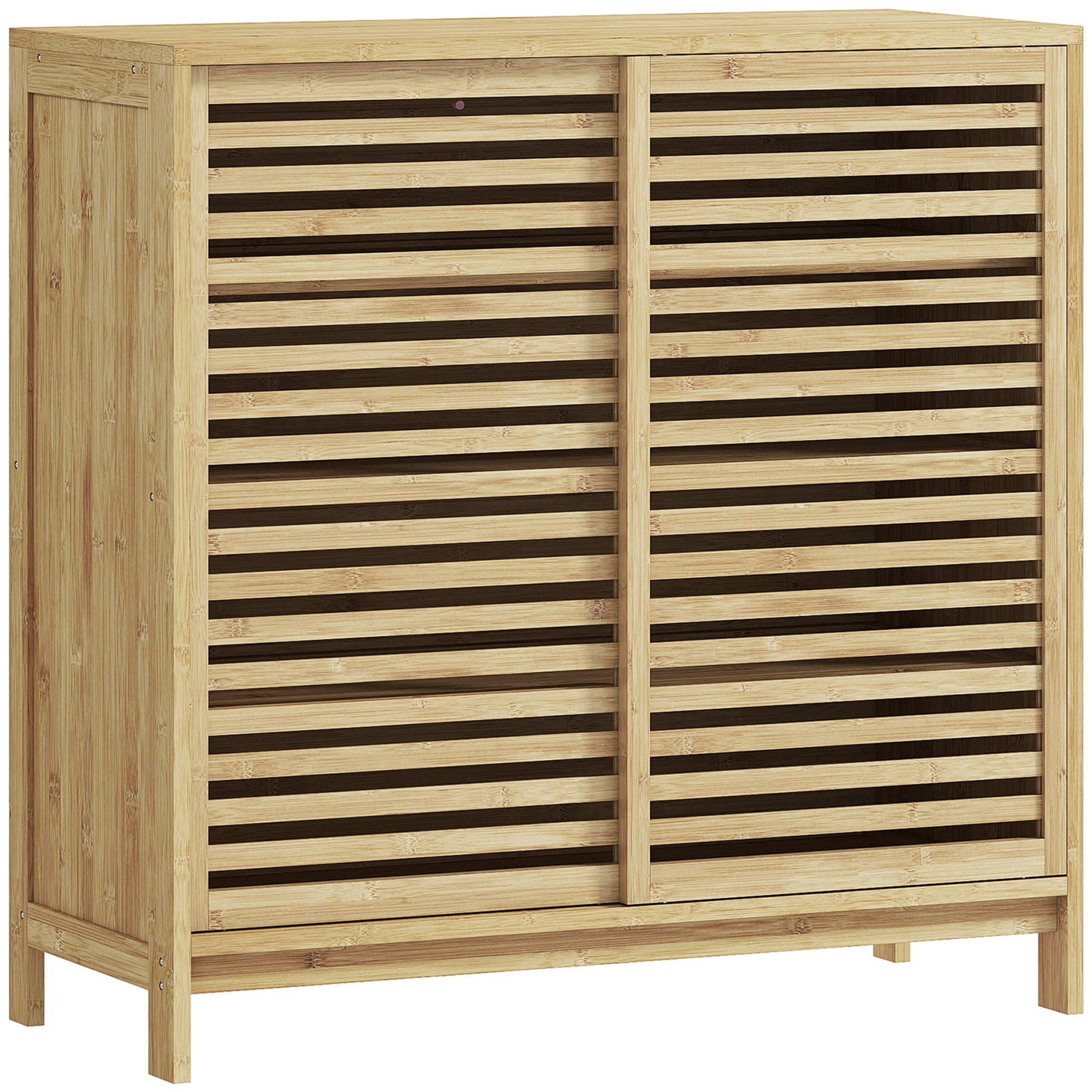 Bamboo Bathroom Cabinet Bathroom Furniture with 2 Sliding Doors Slat Design 4 Shelves Storage Cabinet for Kitchen Living Room 80x34x80 cm Natural