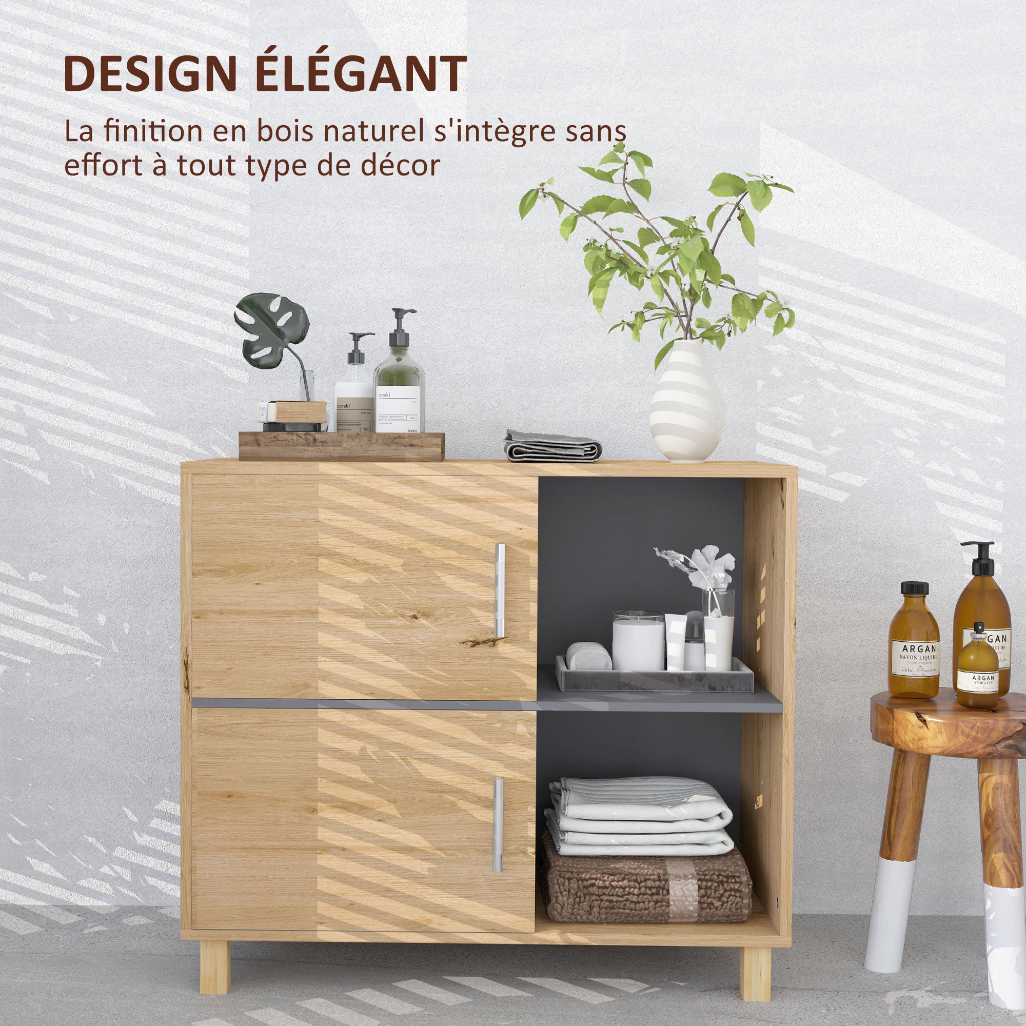 Bathroom Cabinet, Storage Cabinet with Open Compartments and Cabinet, Bathroom Cabinet size 80L x 35W x 70H cm, natural wood