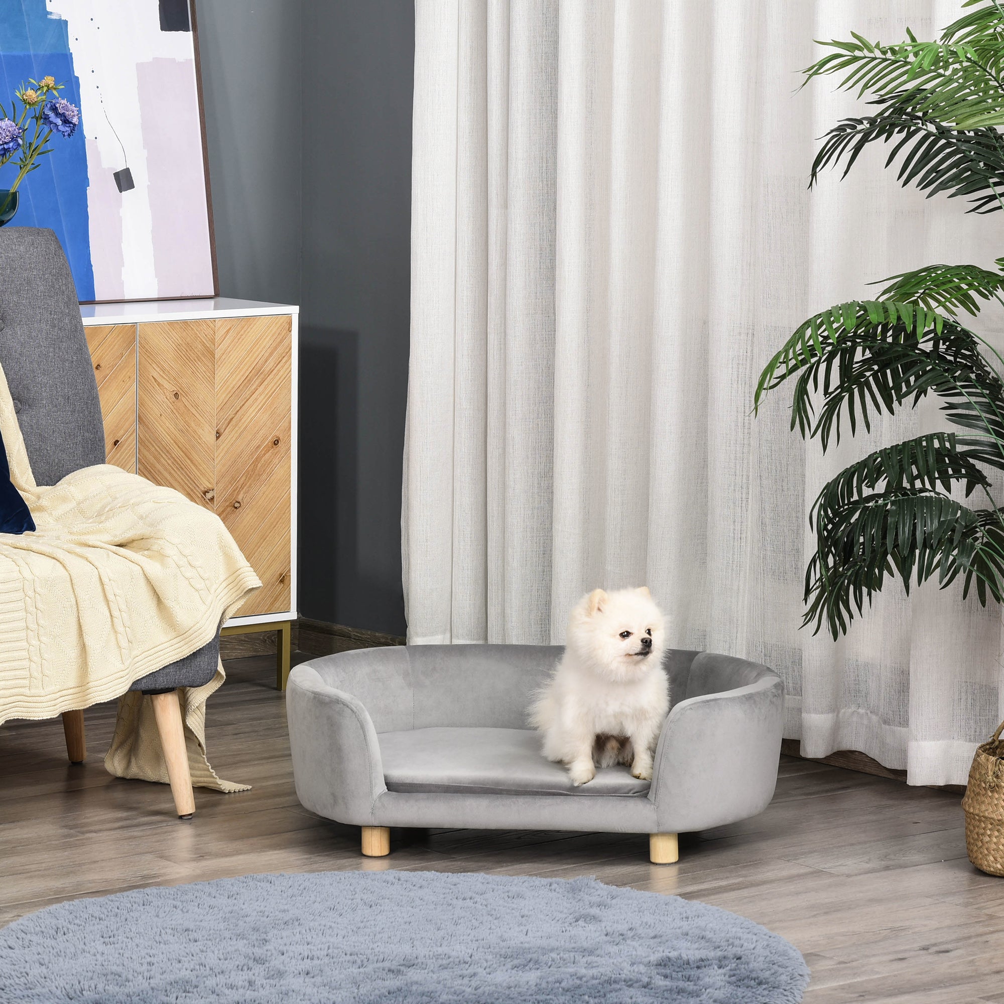 Pet Sofa Dog Sofa Dog Bed with Dutch Velvet Foam Birch Leg for Cats Dogs 86 x 55 x 33 cm Light Grey