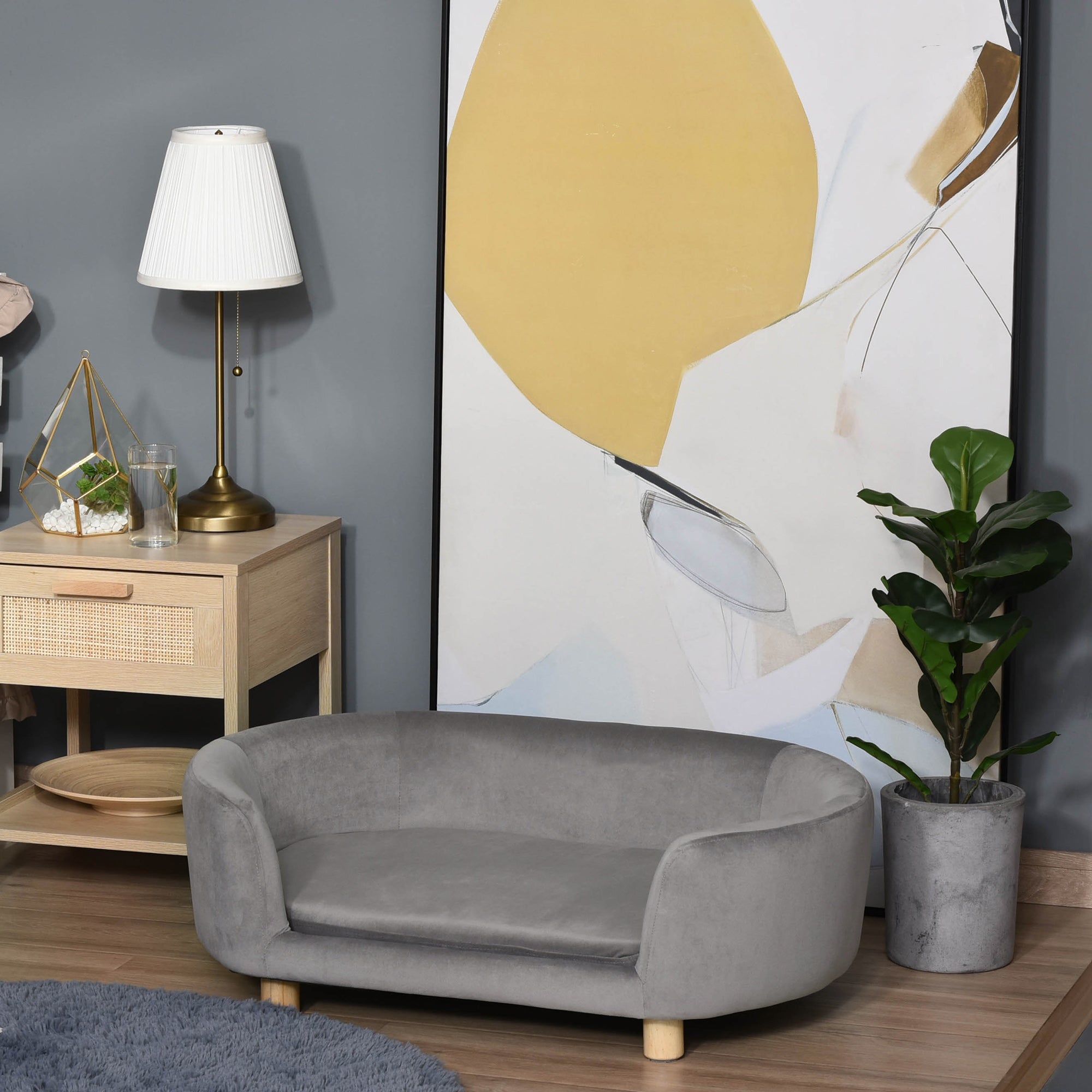 Pet Sofa Dog Sofa Dog Bed with Dutch Velvet Foam Birch Leg for Cats Dogs 86 x 55 x 33 cm Light Grey