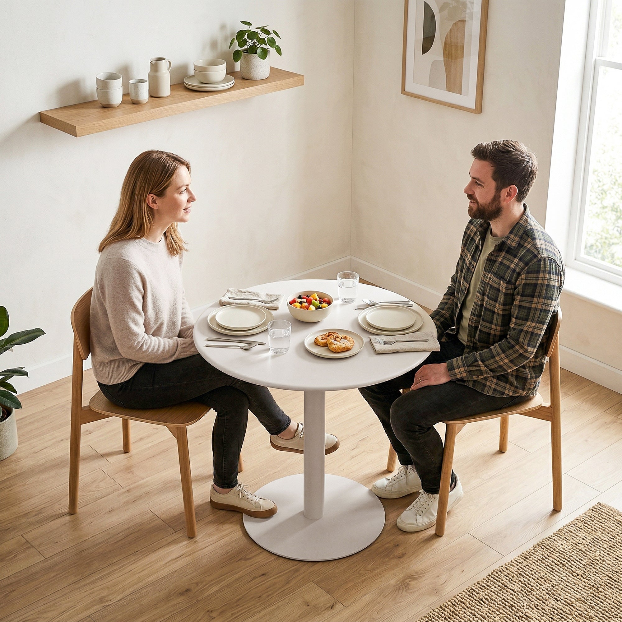 24 in Round Dining Table for 2 – Small Modern Kitchen, Dining & Bistro Table, Beige Steel