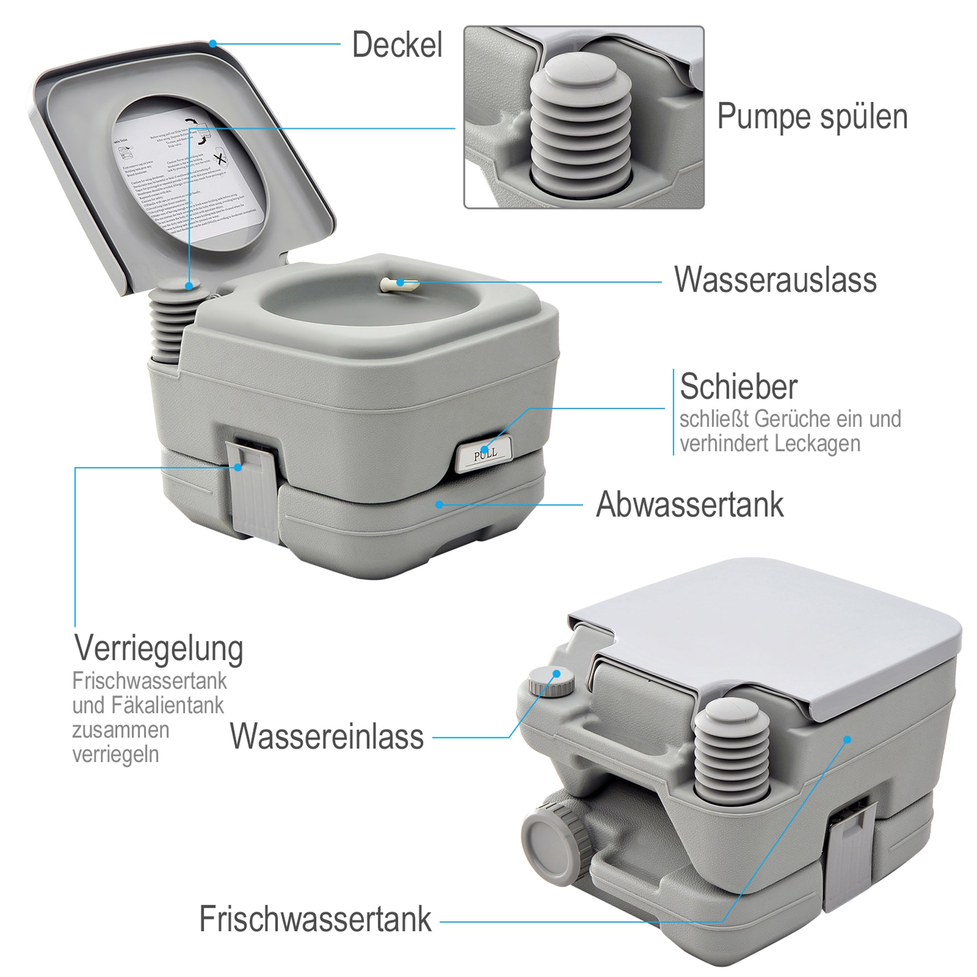 Camping Toilet Foldable Travel Toilet max. Load Capacity up to 200 kg 10L Portable Toilet Dry Separation Toilet for Camping, Hiking, Traveling, Fishing Gray