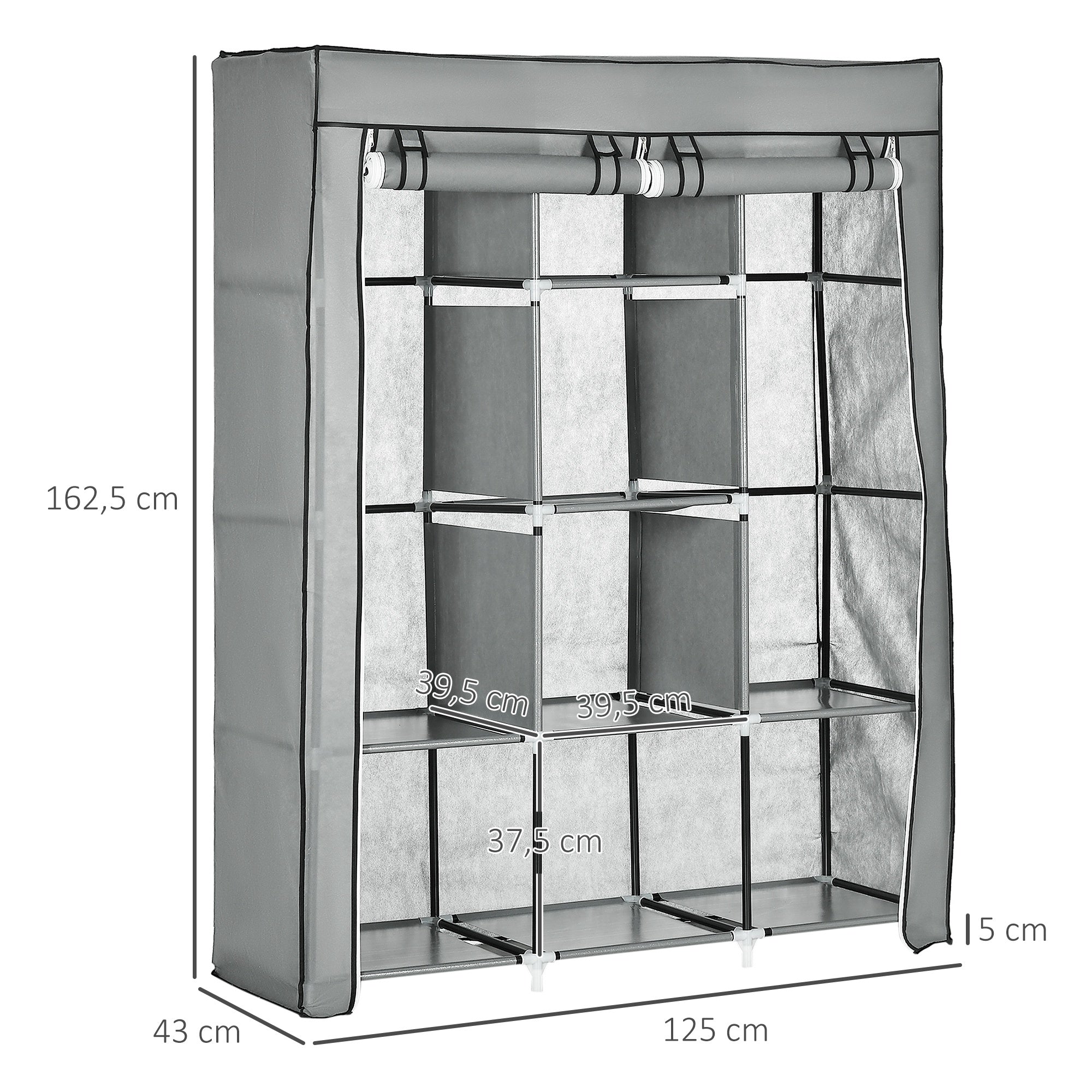 Fabric Wardrobe, Clothes Rail Wardrobe with 8 Shelves, Folding Wardrobe, Foldable Closet for Bedroom, Hallway, Non-Woven Fabric, Light Grey, 125 x 43 x 162.5 cm