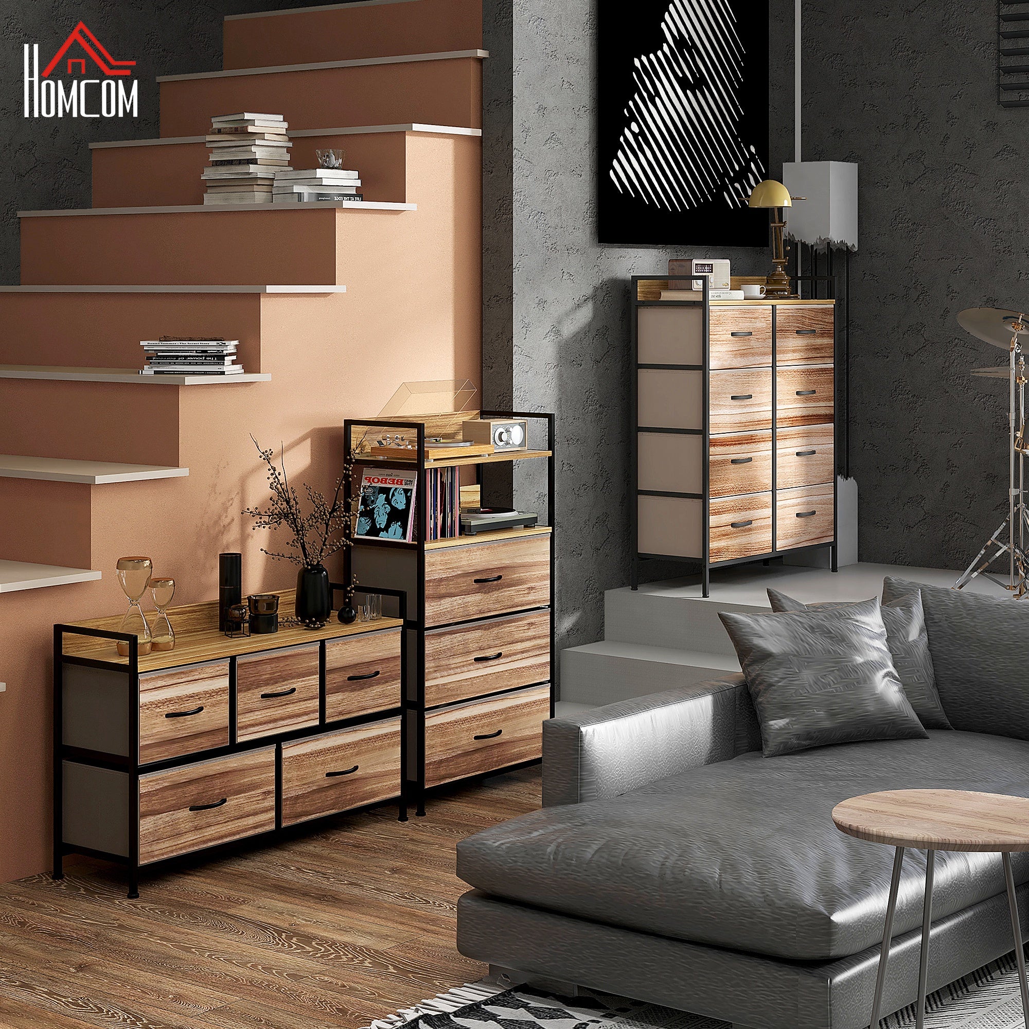 Industrial Style Storage Cabinet with 3 Removable Fabric Drawers and 2 Shelves - 60 x 29 x 101 cm - Wood and Black Metal Look