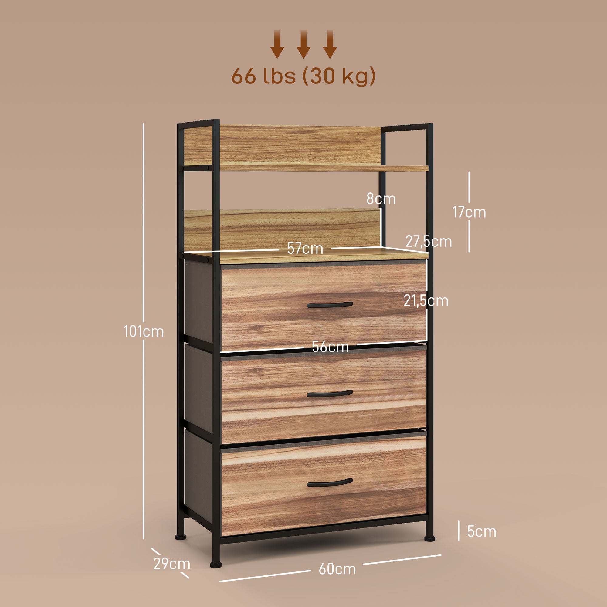 Industrial Style Storage Cabinet with 3 Removable Fabric Drawers and 2 Shelves - 60 x 29 x 101 cm - Wood and Black Metal Look