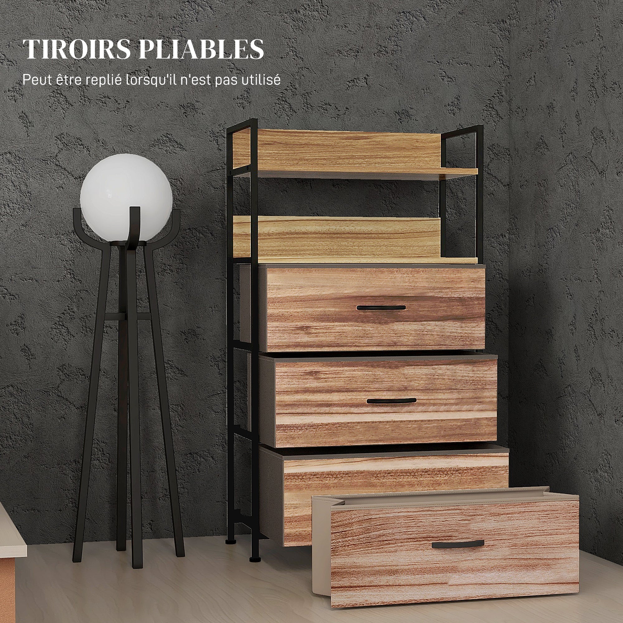 Industrial Style Storage Cabinet with 3 Removable Fabric Drawers and 2 Shelves - 60 x 29 x 101 cm - Wood and Black Metal Look