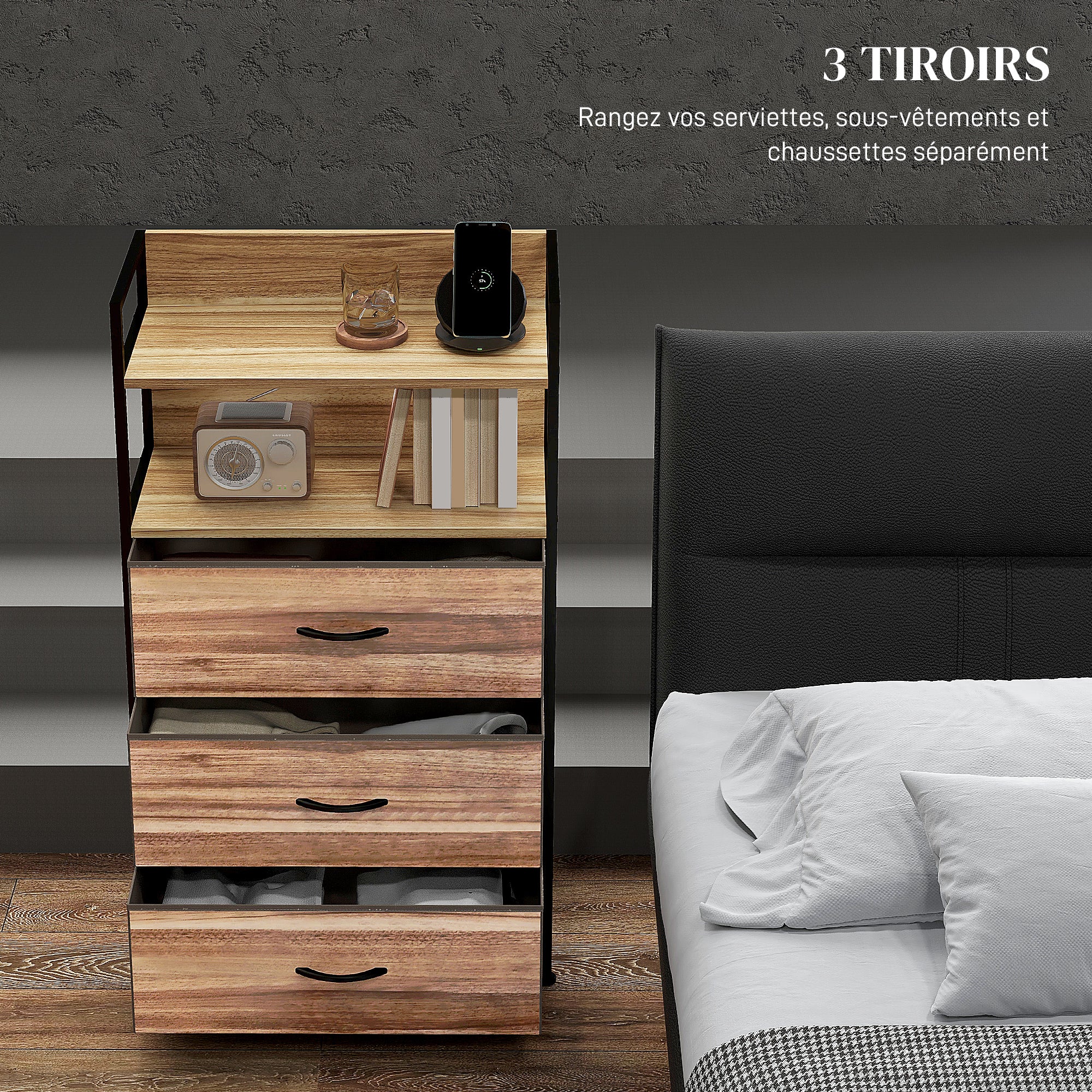 Industrial Style Storage Cabinet with 3 Removable Fabric Drawers and 2 Shelves - 60 x 29 x 101 cm - Wood and Black Metal Look