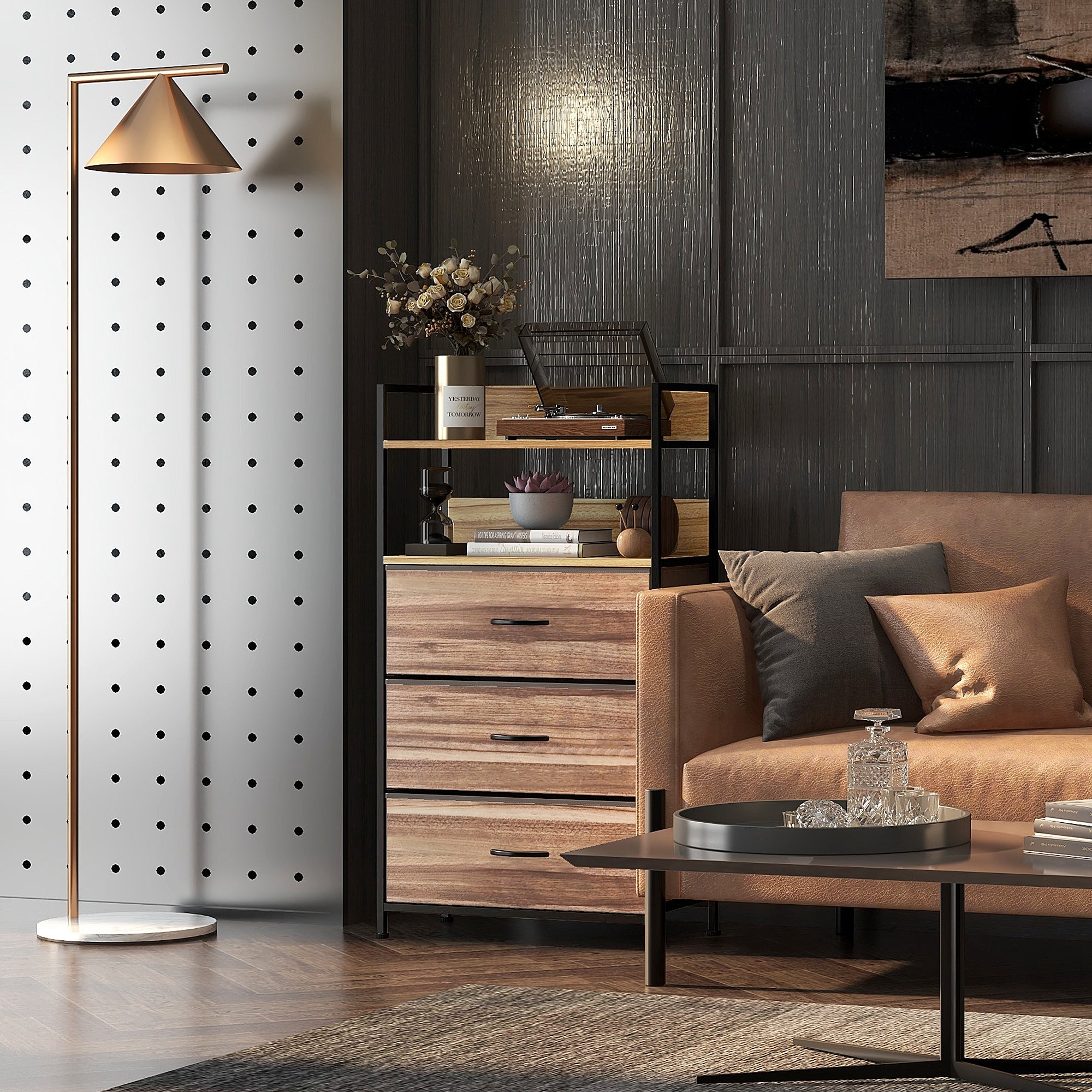 Industrial Style Storage Cabinet with 3 Removable Fabric Drawers and 2 Shelves - 60 x 29 x 101 cm - Wood and Black Metal Look