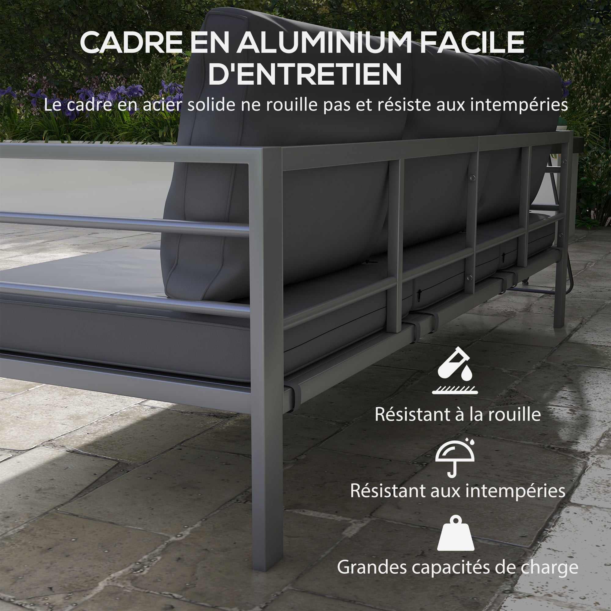 Garden Sofa 3-Seater Outdoor Sofa in Aluminum with Seat and Back Cushions - 185L x 66W x 64H cm