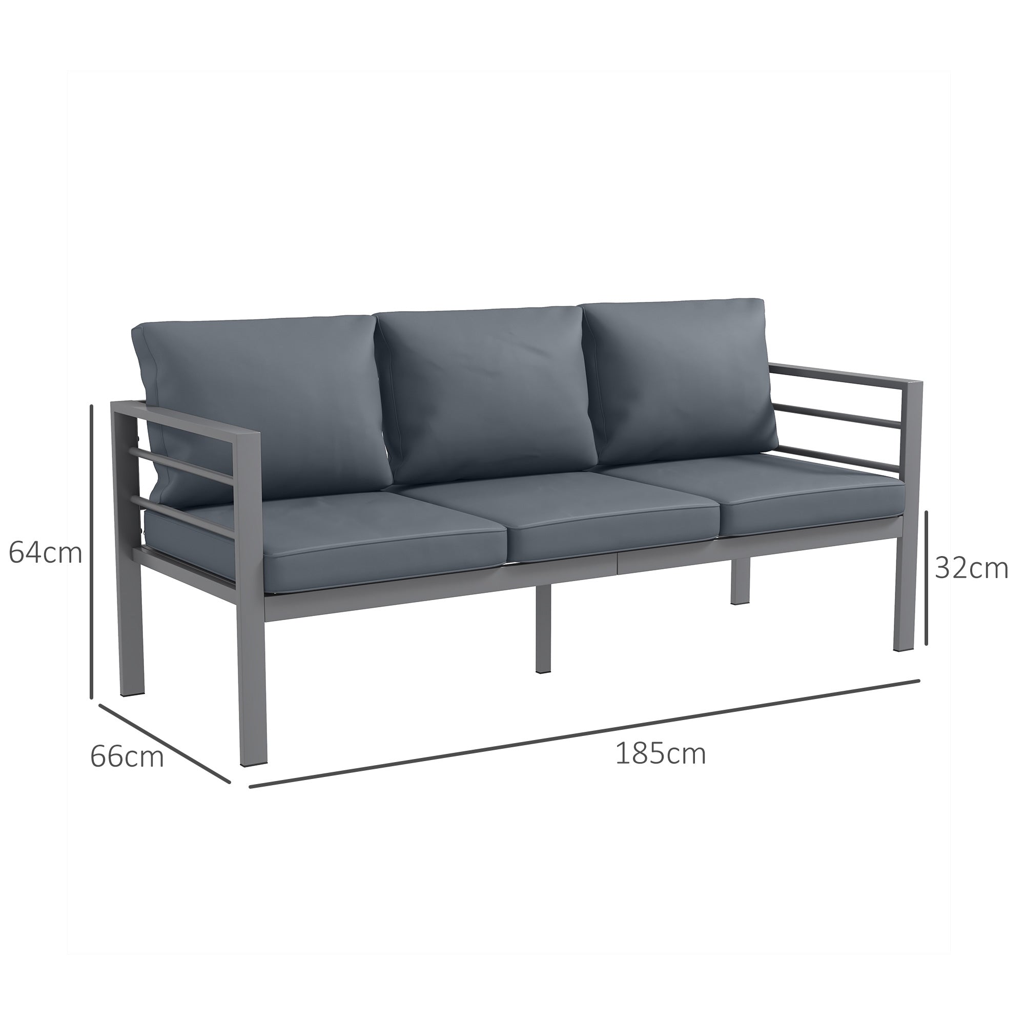 Garden Sofa 3-Seater Outdoor Sofa in Aluminum with Seat and Back Cushions - 185L x 66W x 64H cm