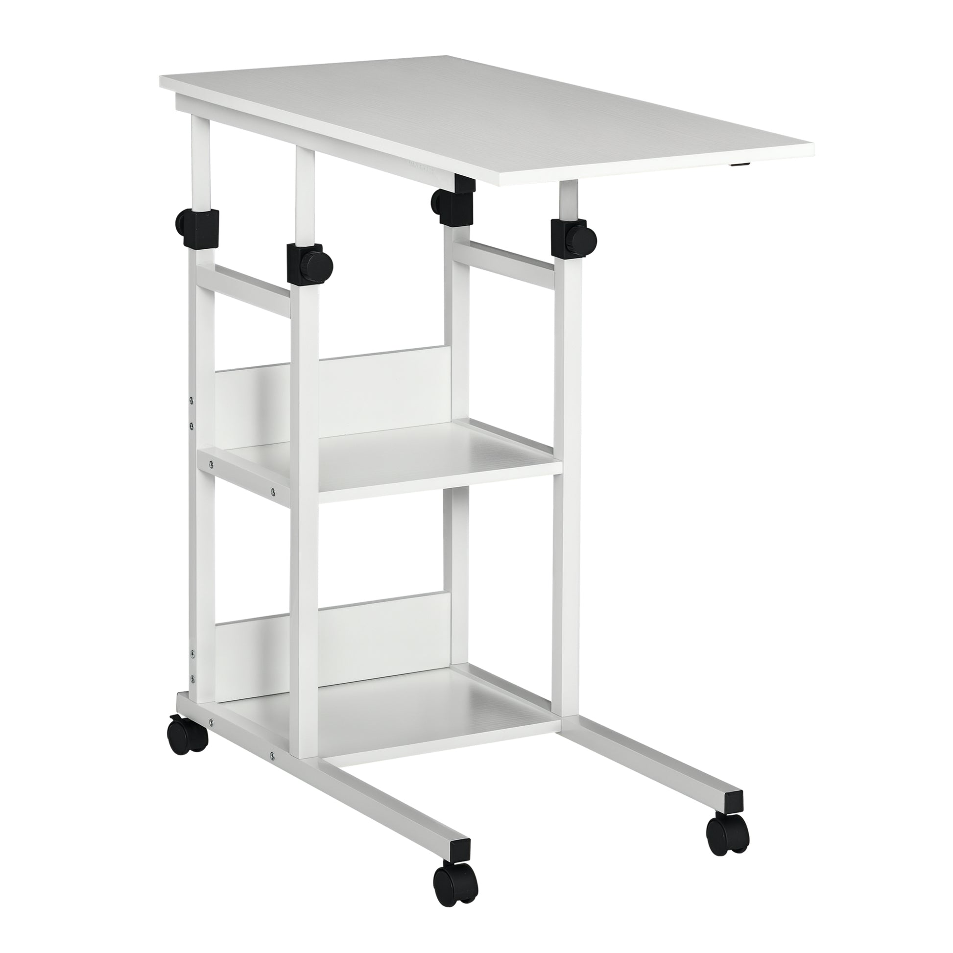 Side Table Coffee Table with Casters, Height Adjustable Desk with 2 Lower Shelves, Coffee Table Laptop Table, Bedside Table, for Dining Living Room, Metal, White, 80x40x72-82 cm
