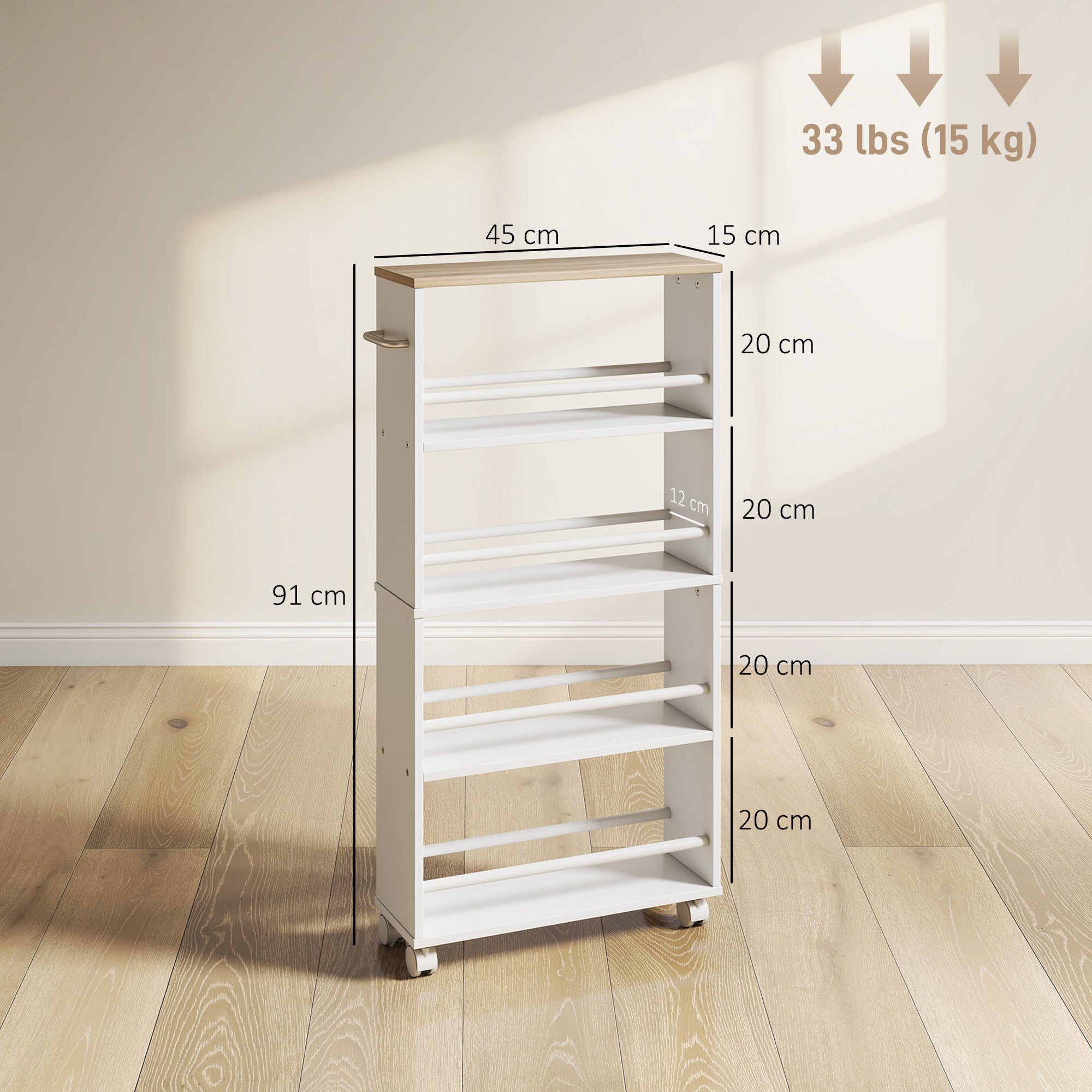 4-Tier Narrow Rolling Kitchen Cart with Handle & Brakes, Versatile Utility Trolley for Kitchen, Office, Bathroom — Natural