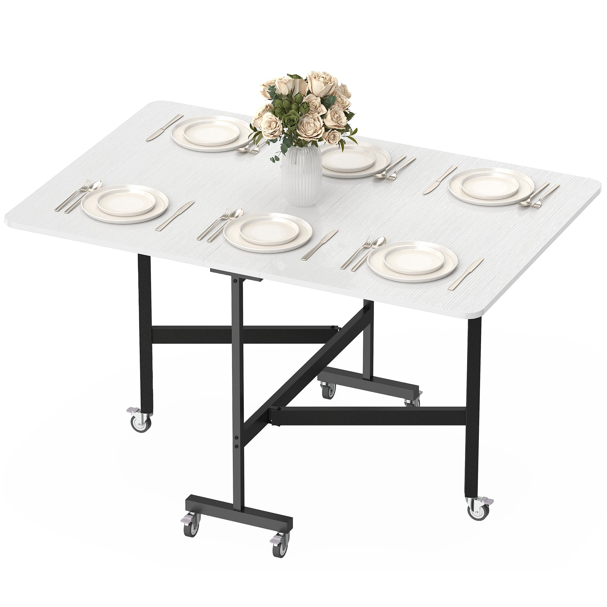 Folding Dining Table for 4–6 with Wheels, Steel Legs — Space-Saving Mobile Table for Small Kitchens, 47.2" x 31.5" x 28.7", White