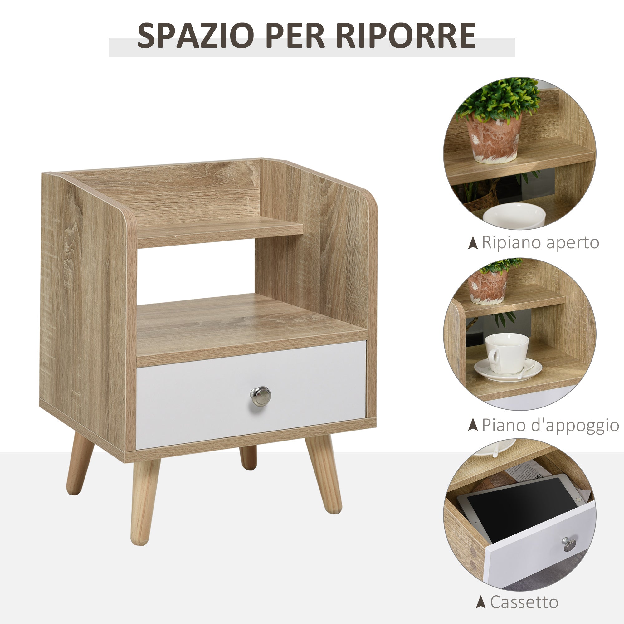 Bedside Table with Drawer and Shelf, Low Cabinet for Bedroom, Space-Saving Side Table in Wood, White