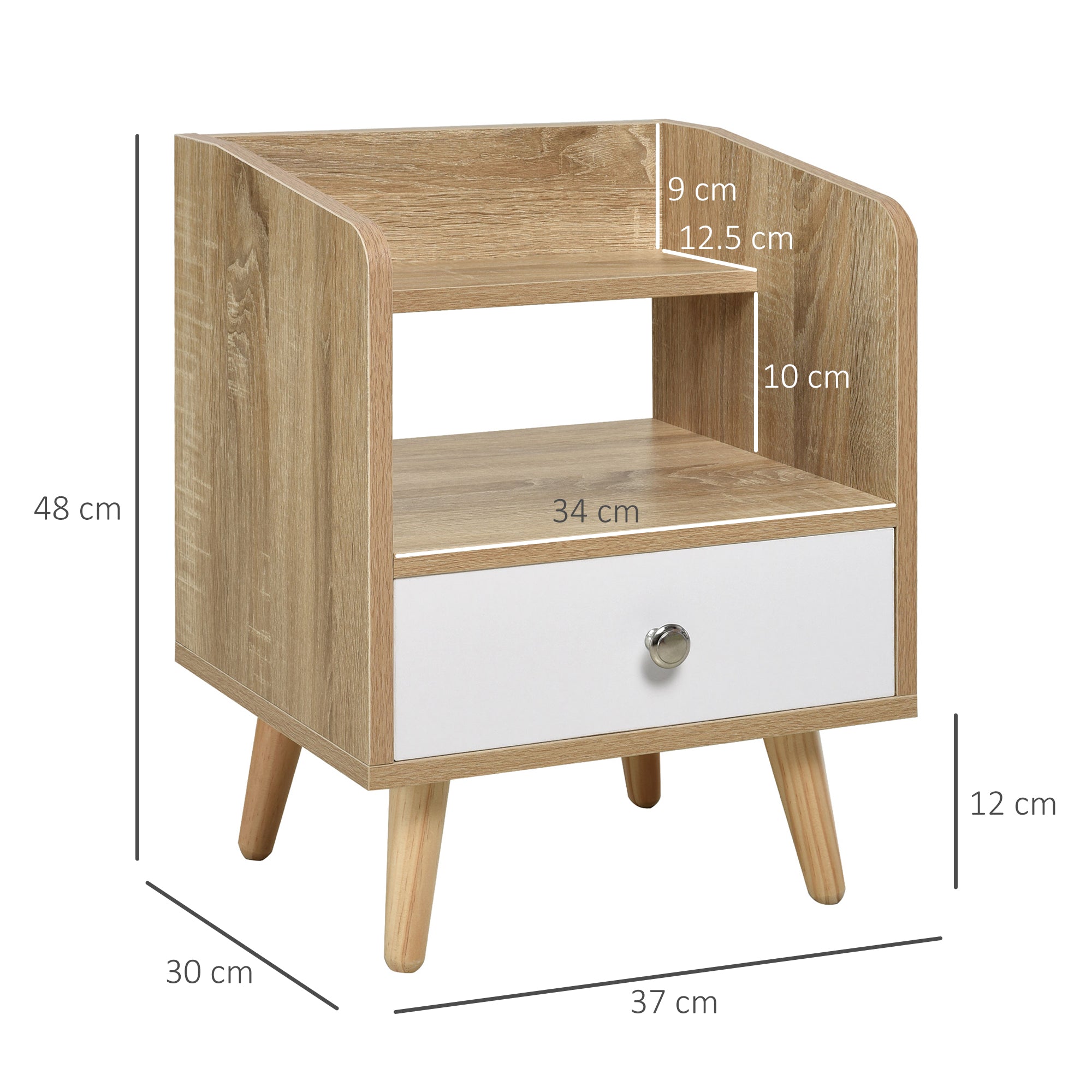 Bedside Table with Drawer and Shelf, Low Cabinet for Bedroom, Space-Saving Side Table in Wood, White