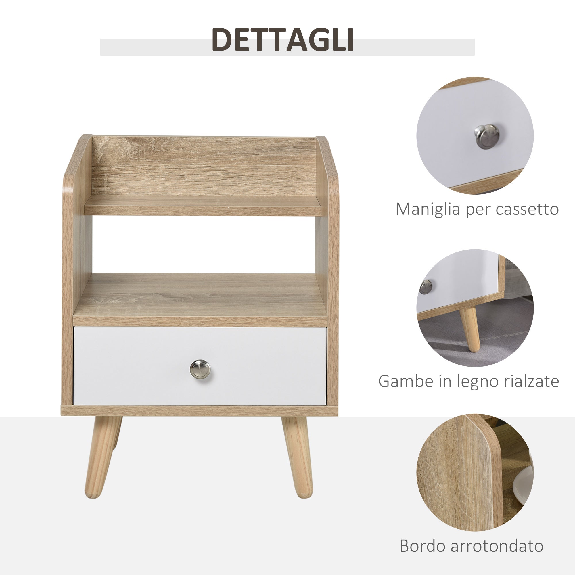 Bedside Table with Drawer and Shelf, Low Cabinet for Bedroom, Space-Saving Side Table in Wood, White