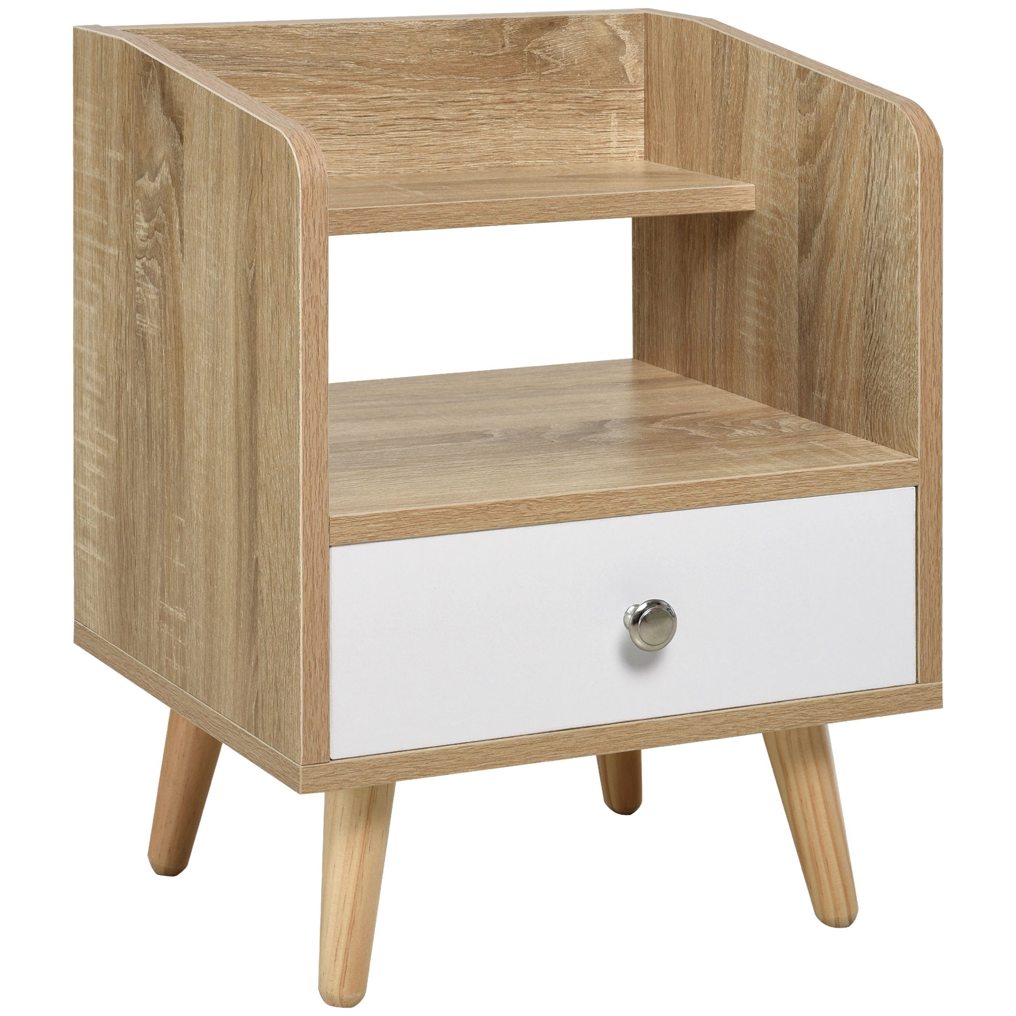 Bedside Table with Drawer and Shelf, Low Cabinet for Bedroom, Space-Saving Side Table in Wood, White