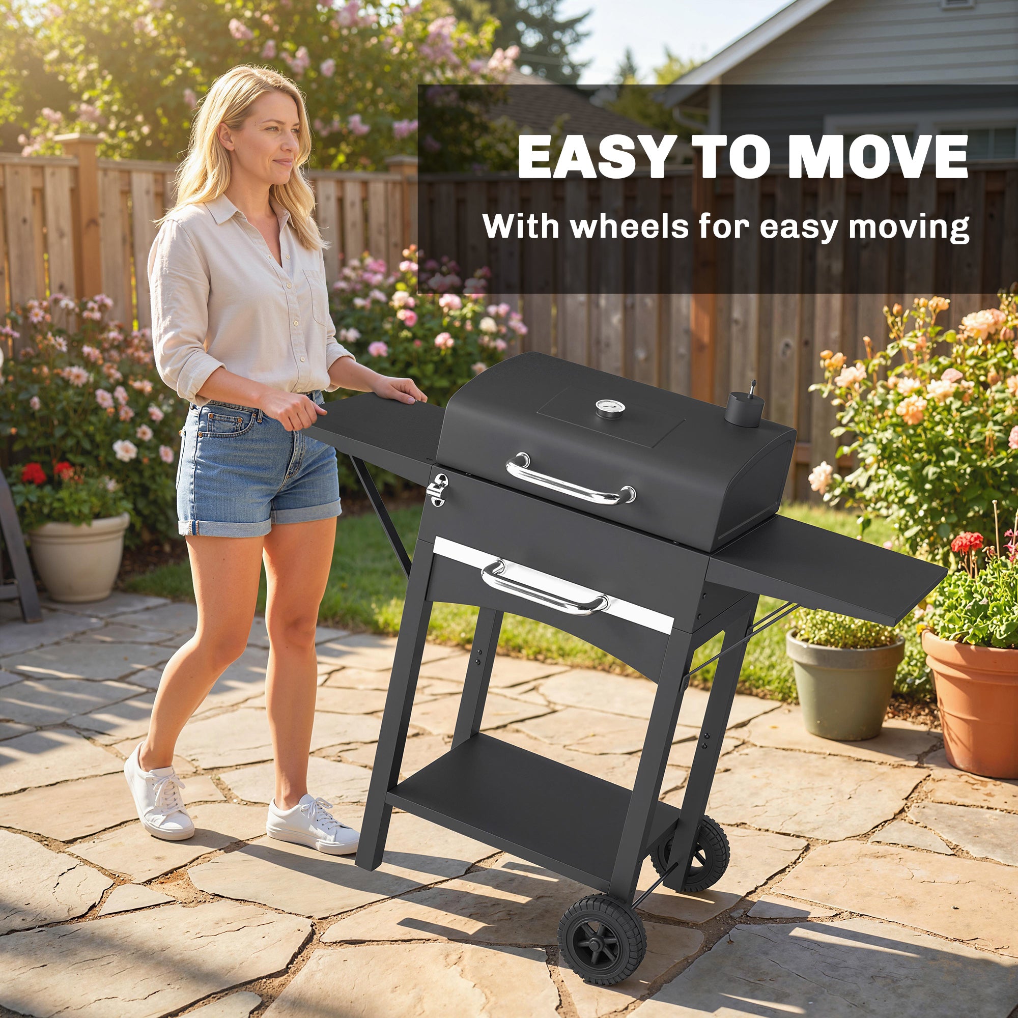 Charcoal Grill with Lid — BBQ Smoker Cart with 2 Side Tables, Large Cooking Area, Thermometer & Wheels, 43.3 x 18.3 x 39.8 in (Black)