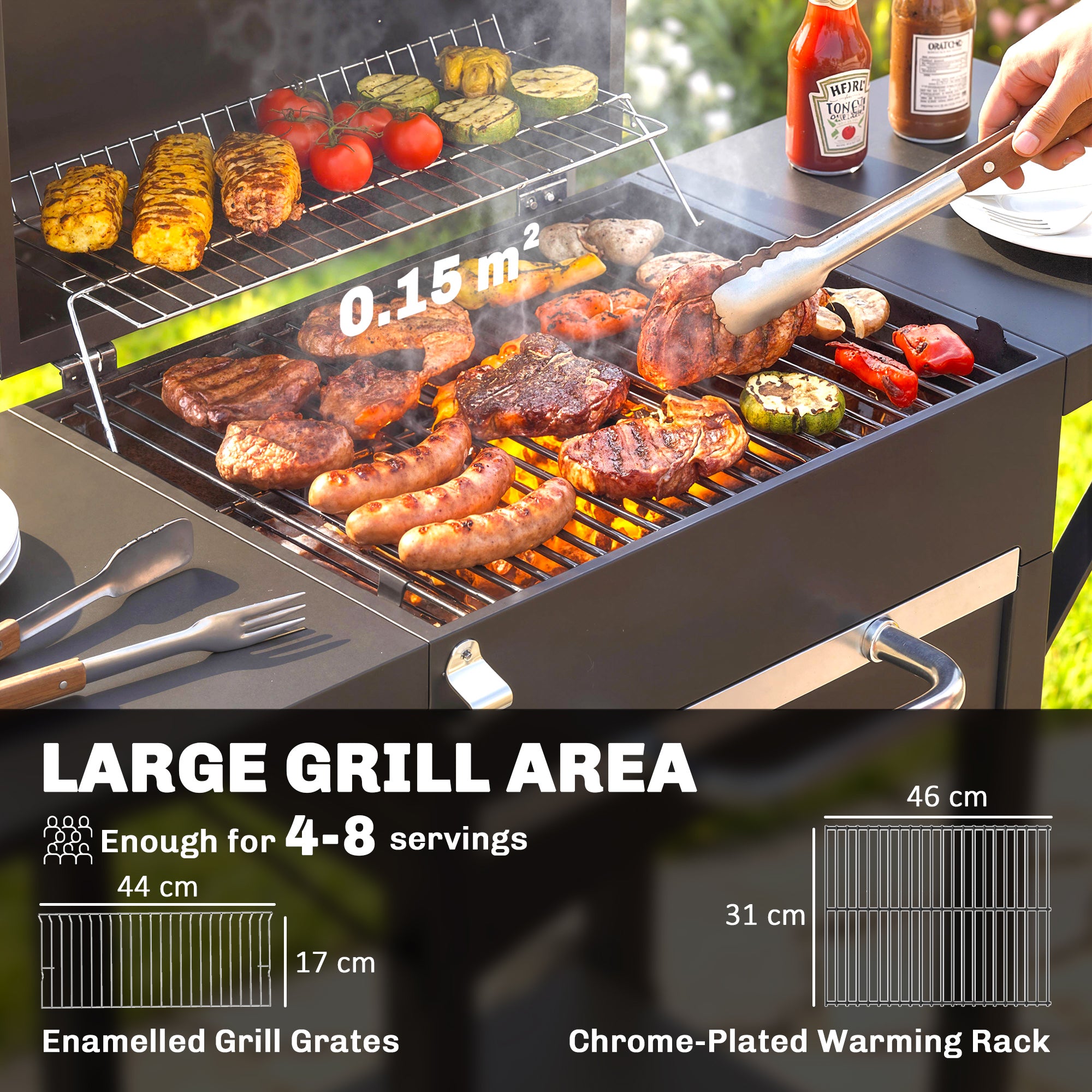 Charcoal Grill with Lid — BBQ Smoker Cart with 2 Side Tables, Large Cooking Area, Thermometer & Wheels, 43.3 x 18.3 x 39.8 in (Black)