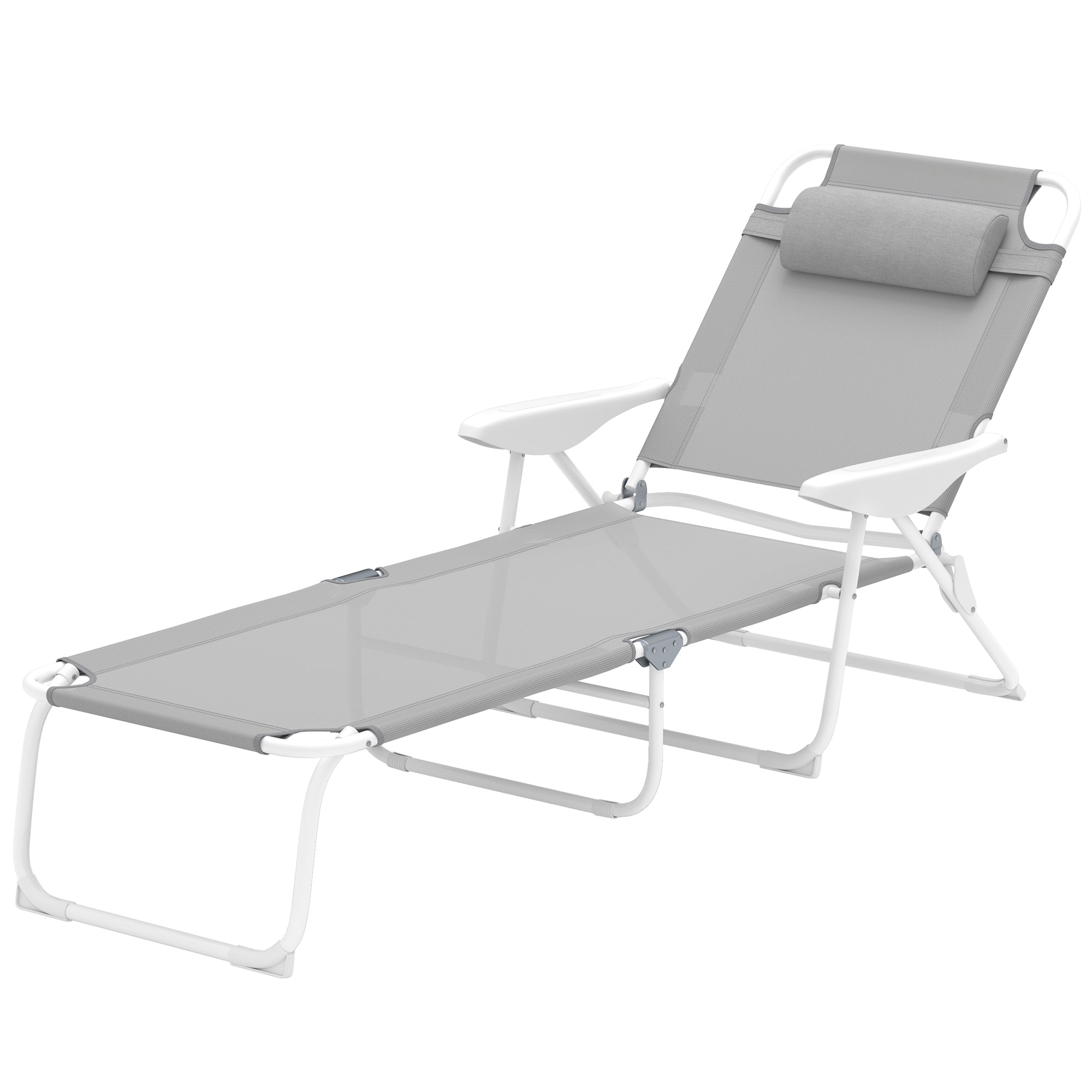 Folding Sun Lounger Garden Chair with Pillow, Reclining Chair with 4-Fold Adjustable Backrest, Weatherproof Camping Chair, Garden Chair Holds up to 120 kg, for Garden Outdoor Beach Light Gray