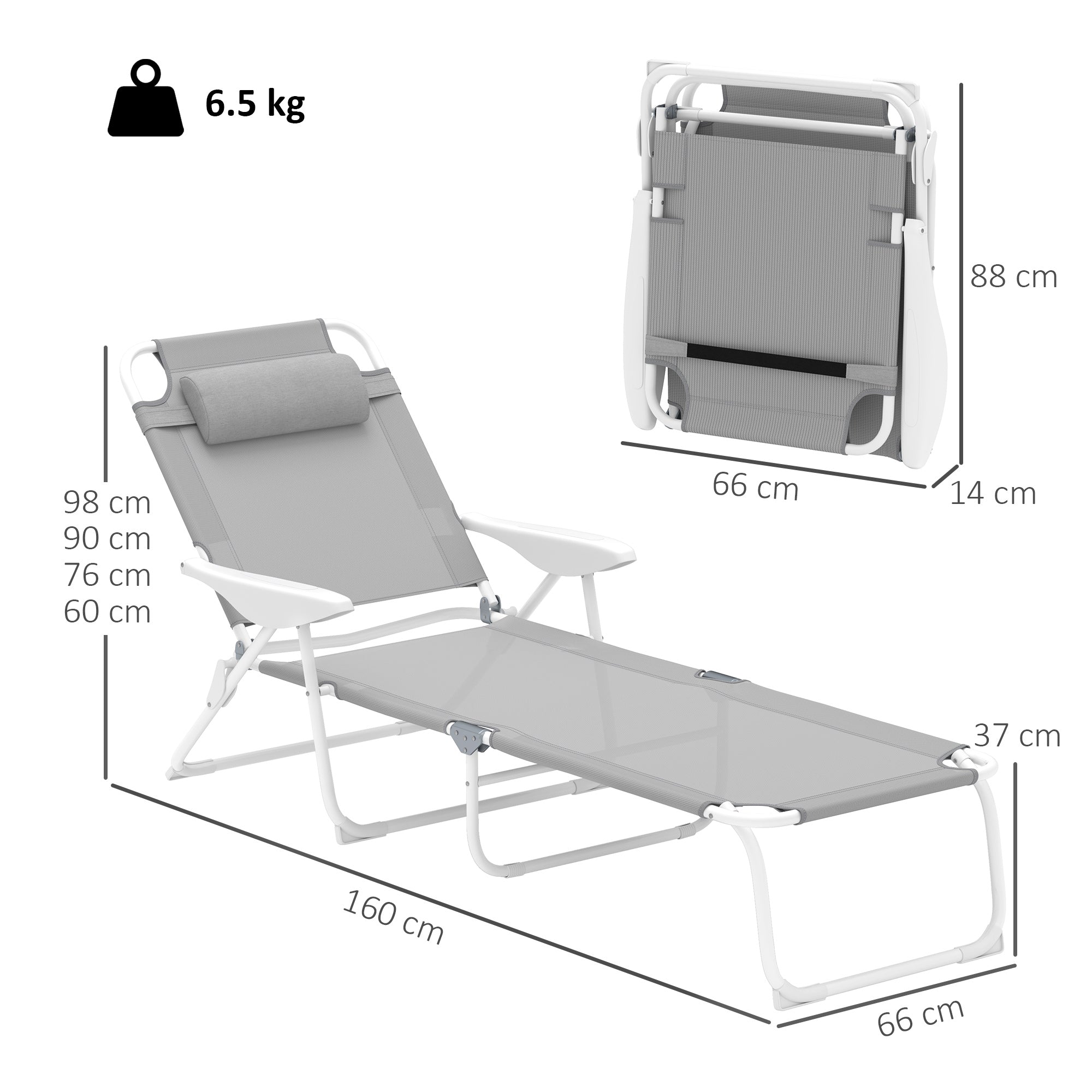 Folding Sun Lounger Garden Chair with Pillow, Reclining Chair with 4-Fold Adjustable Backrest, Weatherproof Camping Chair, Garden Chair Holds up to 120 kg, for Garden Outdoor Beach Light Gray