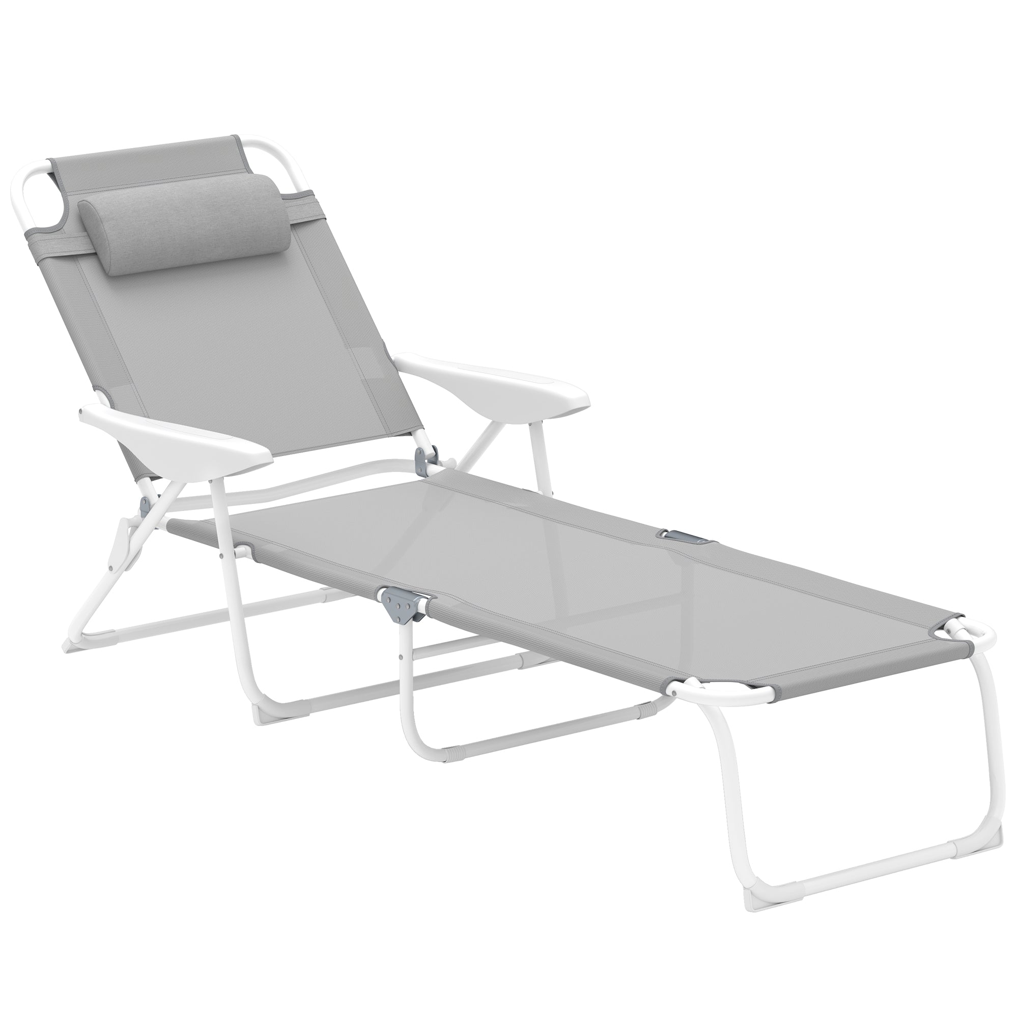 Folding Sun Lounger Garden Chair with Pillow, Reclining Chair with 4-Fold Adjustable Backrest, Weatherproof Camping Chair, Garden Chair Holds up to 120 kg, for Garden Outdoor Beach Light Gray