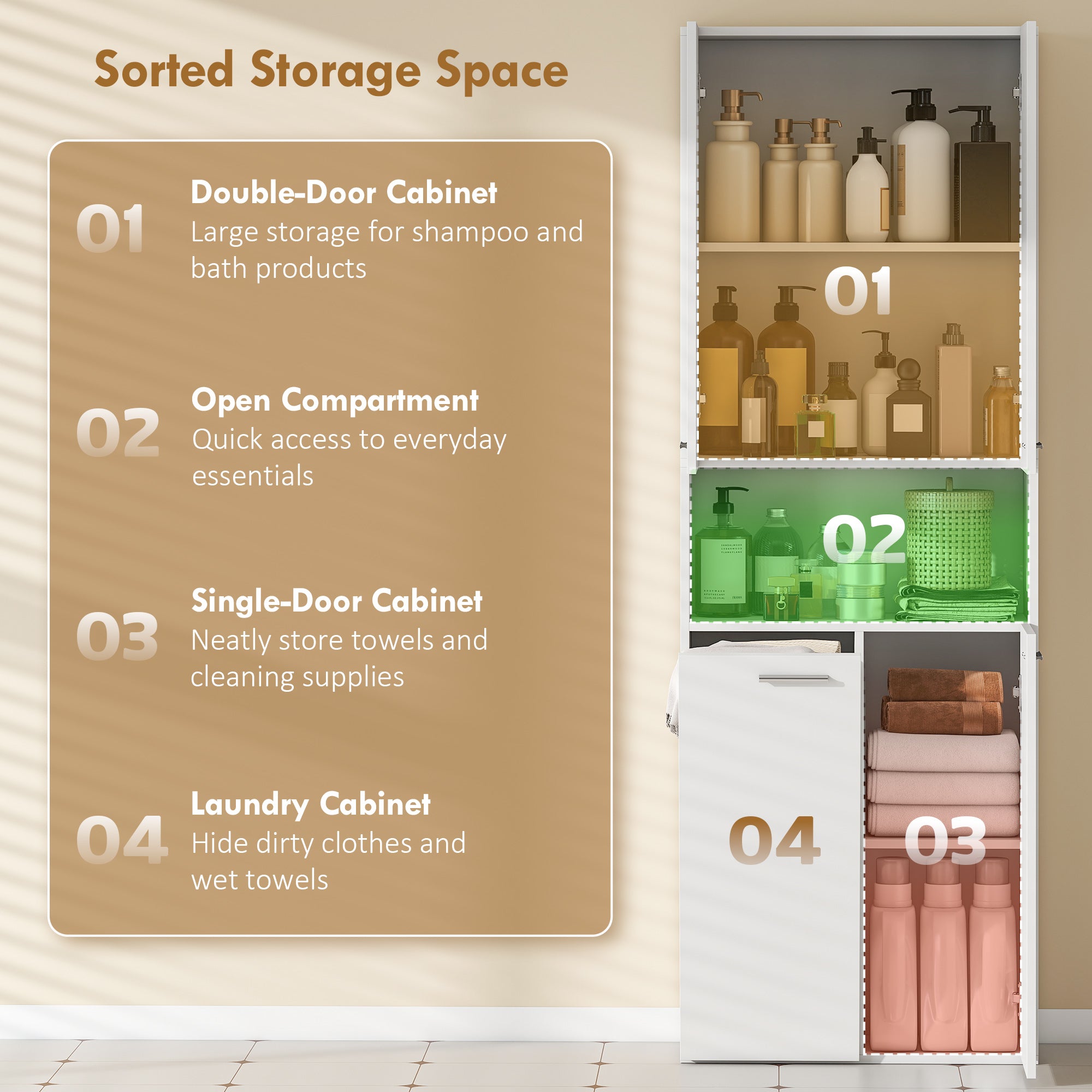 Slim Tall Bathroom Cabinet with Fold-Out Laundry Basket, Open Compartment & Soft-Close Doors for Bathroom & Kitchen, 23.6 x 11.8 x 68.5 in (60 x 30 x 174 cm), White