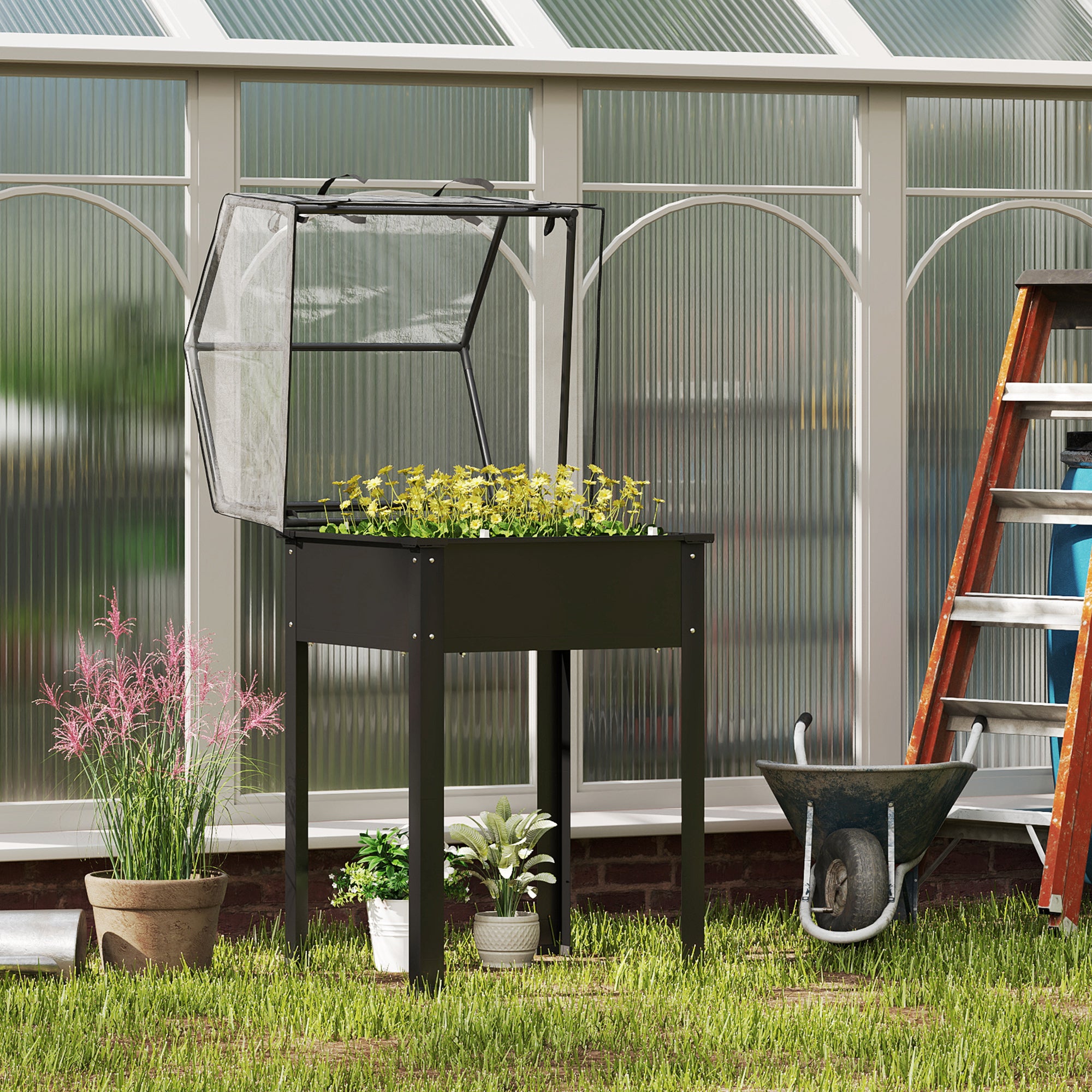 Raised Garden Bed with Cover, Elevated Herb Planter with Drainage Holes, Metal Plant Box, Weather-Resistant Vegetables Bed, Garden Bed, Planting Bed for Garden, Balcony, 60 x 60 x 120 cm, Black