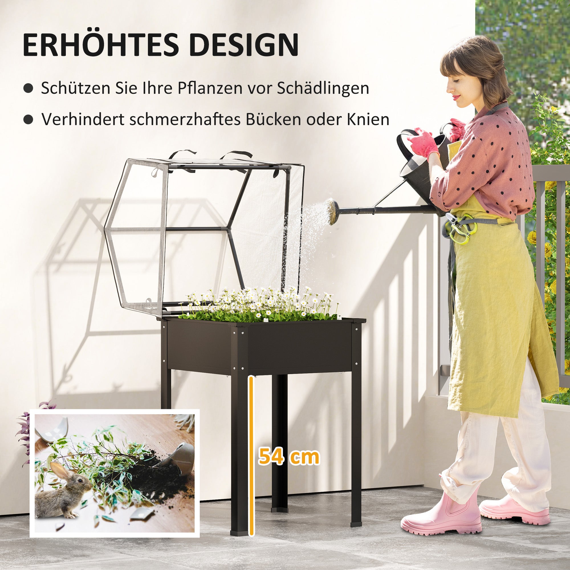 Raised Garden Bed with Cover, Elevated Herb Planter with Drainage Holes, Metal Plant Box, Weather-Resistant Vegetables Bed, Garden Bed, Planting Bed for Garden, Balcony, 60 x 60 x 120 cm, Black