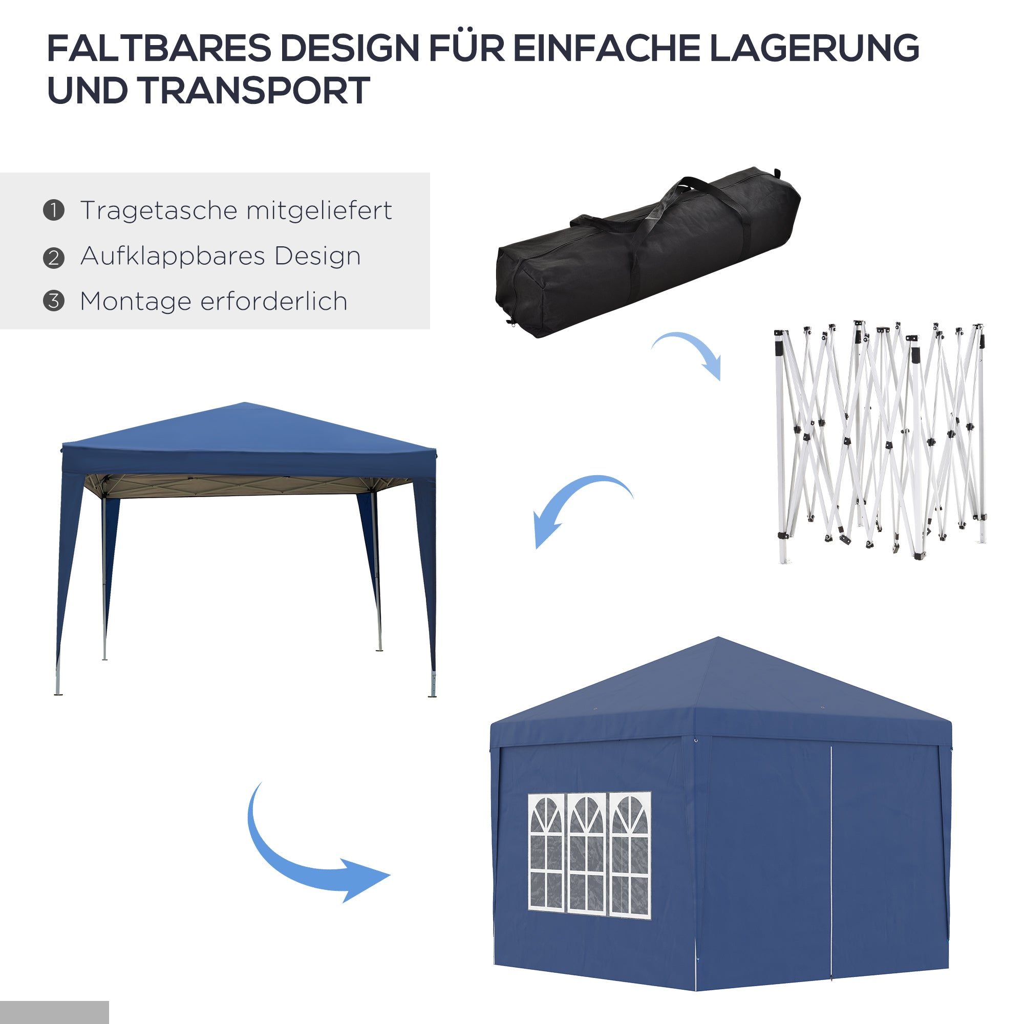 Pavilion approx. 3x3m, Water-Resistant Stable Winterproof Pop-up Folding Pavilion, UV Protection 50+, Foldable Party Tent Garden Tent with 4 Sidewalls Pocket Garden Pavilion for Camping Garden, Blue